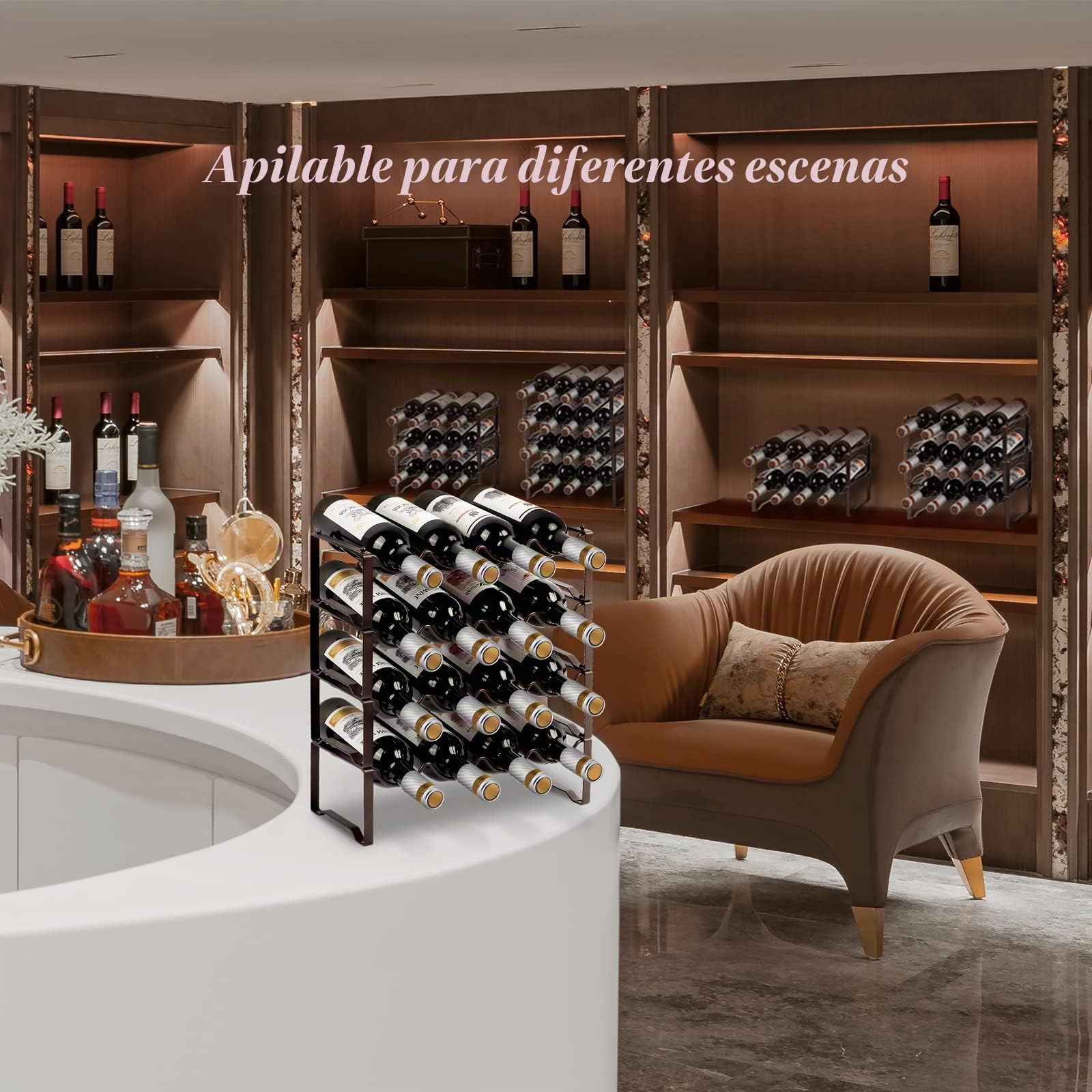 Bomclap Botellero de metal, apilable para 16 botellas, para sótano, bar y trastero, botellas modulares extensibles estables y almacenamiento de vino (4 pisos)