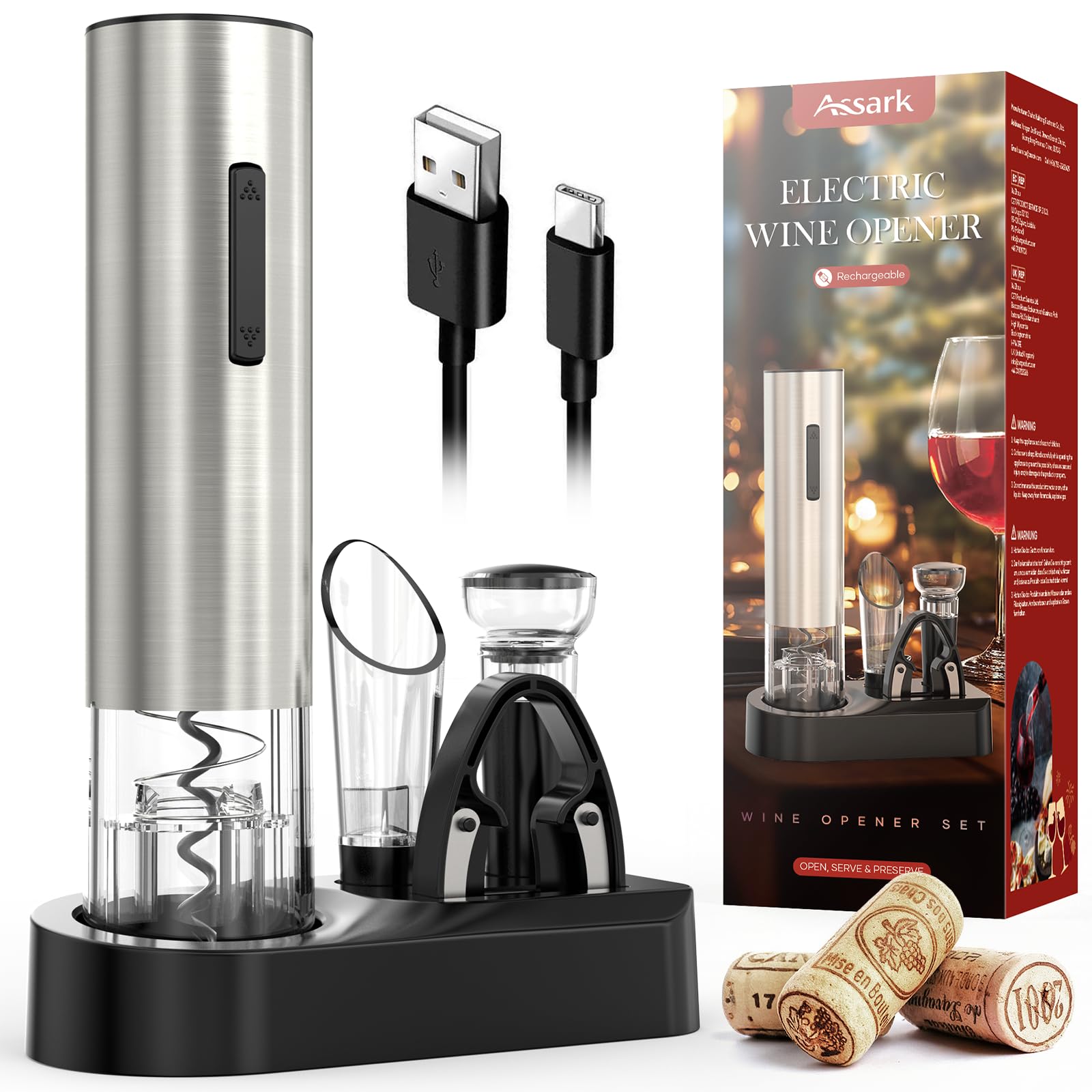 Cavatappi Elettrico Automatico 6-in-1, Apribottiglie per Vino con Tagliacapsule, Pompa a Vuoto e Versatoio, Ricaricabile USB