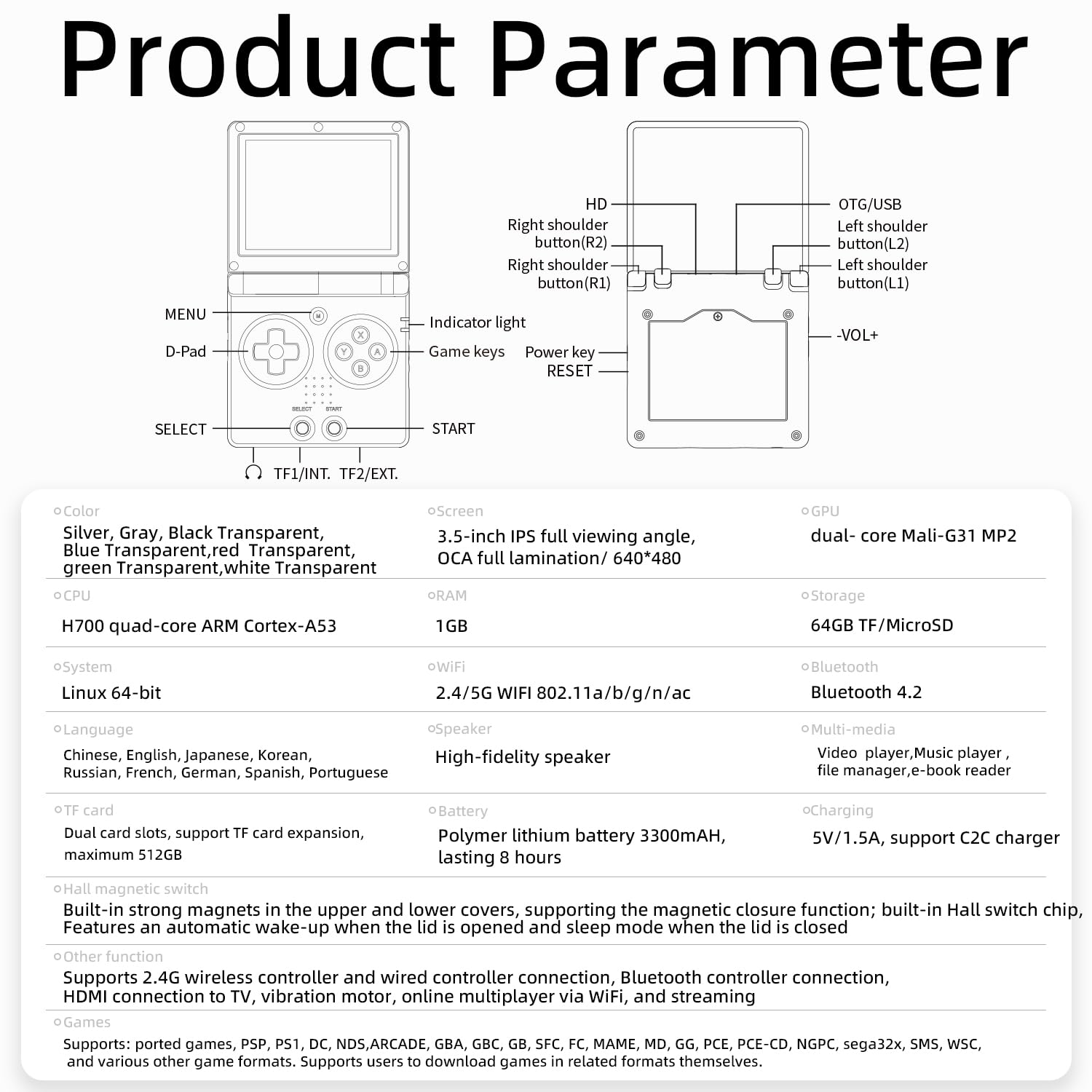 RG35XXSP Portable Flip Retro Handheld Game Console Linux System 3.5 '' IPS Screen Built-in 64G TF Card Pre-Installed 5532 Games RG35XX SP Clamshell Games Console Supports 5G WiFi Bluetooth HDMI Green