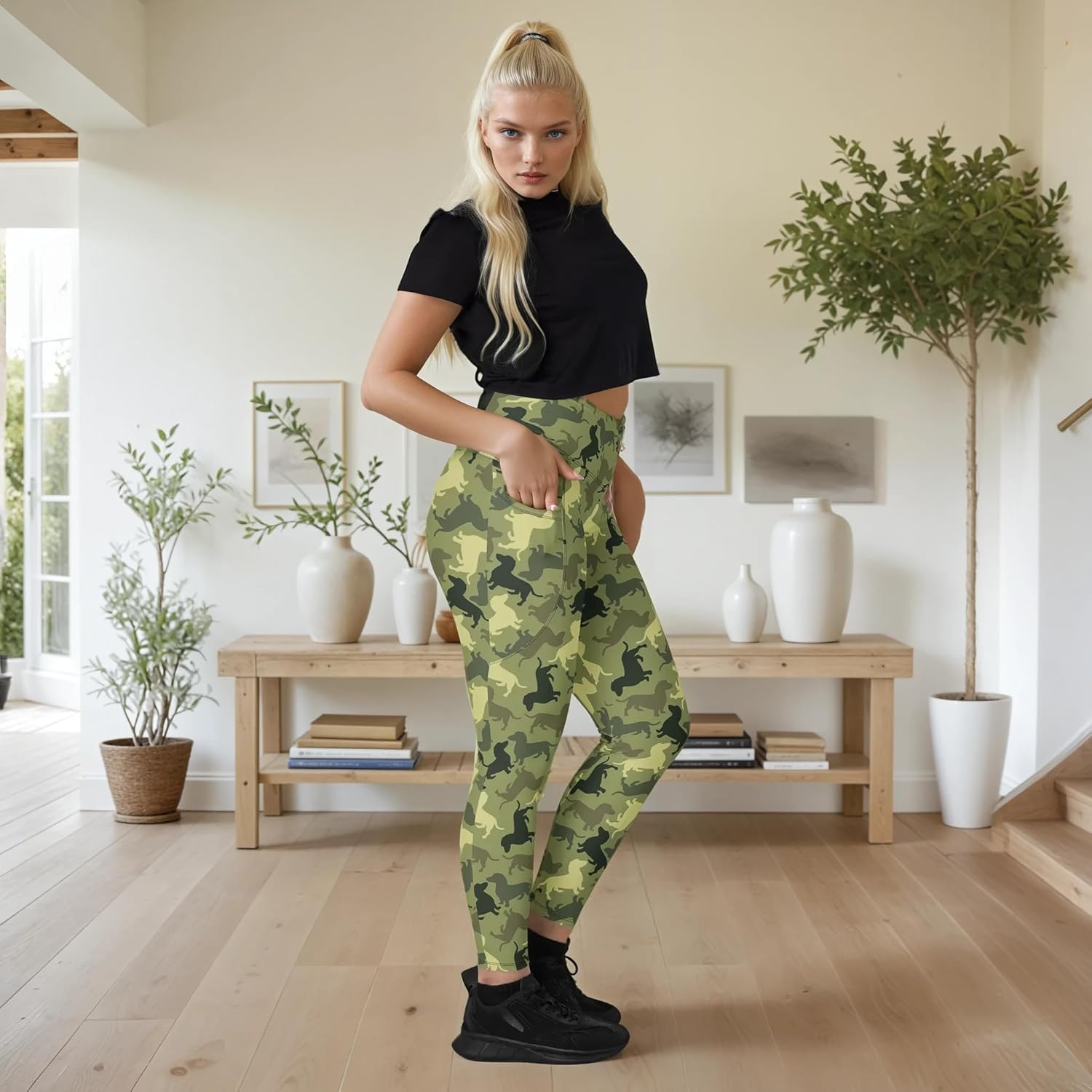 FIERCEPULSE Dachshund Camo Leggings with Pockets – High Waisted Peach-Skin Leggings for Women, Soft 4-Way Stretch, UPF 50+