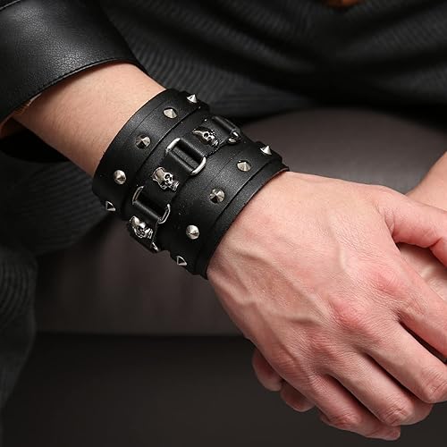 Miniatura 7 de STWTR Pulsera ancha de cuero con cinturón ancho para hombre, estilo punk, rock, moto