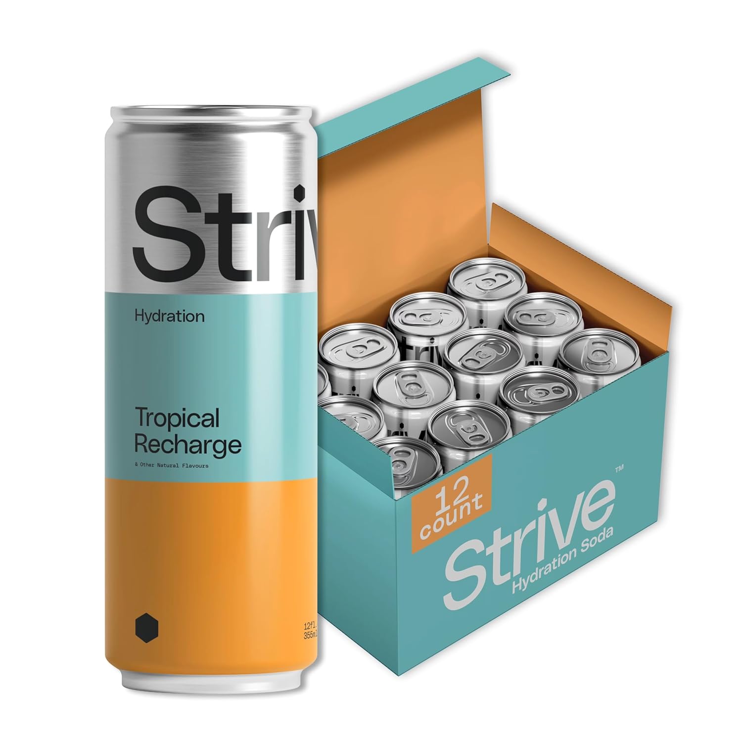 Strive Soda Tropical Recharge - Sparkling Hydration Soda with Electrolytes & Organic Honey - Passionfruit Coconut Naturally Sweetened Drink - No Artificial Sweeteners or Preservatives - 12 Pack Cans