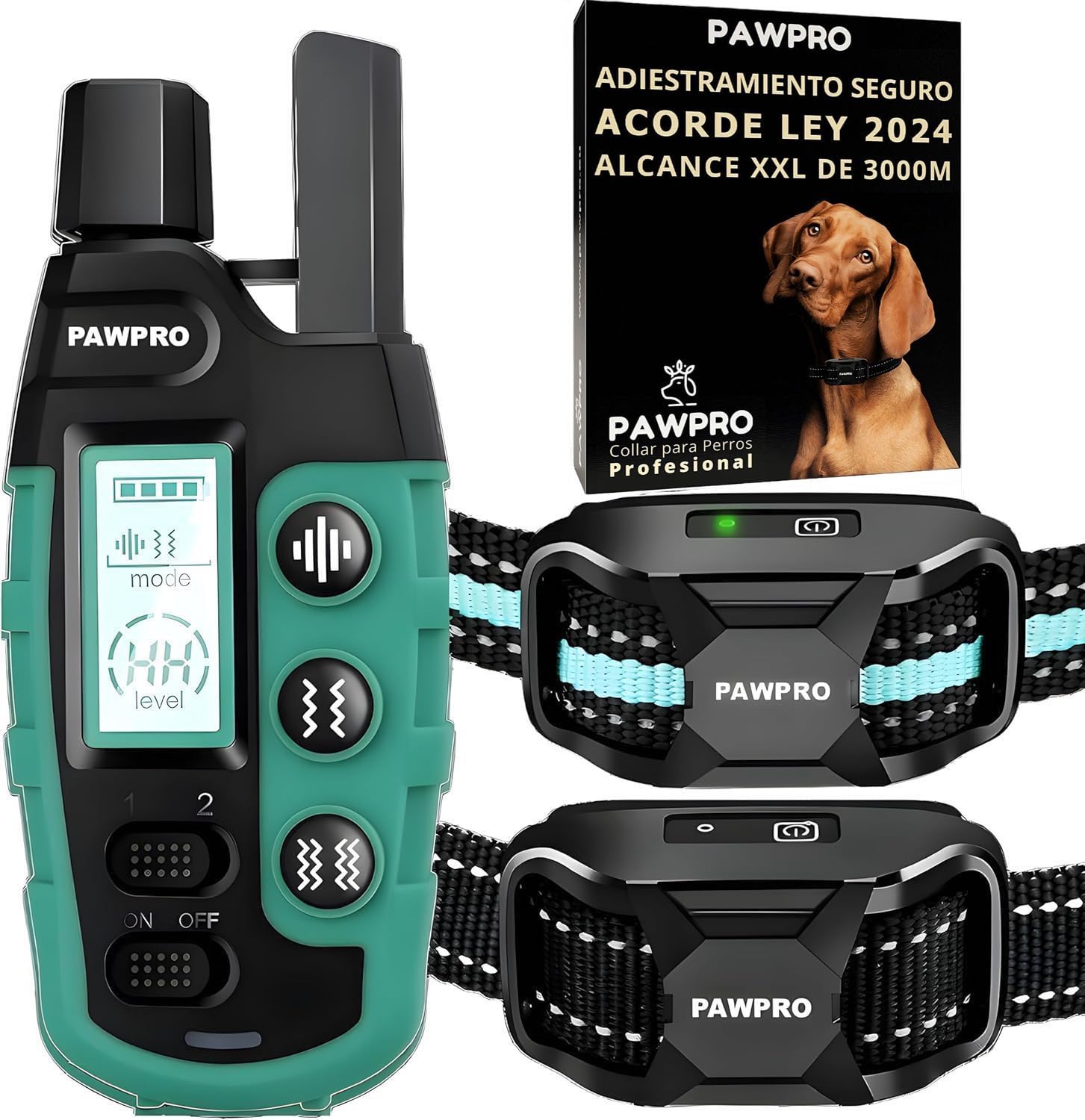 PAWPRO Collar de Adiestramiento para Perros de Todos los Tamaños | Alcance XXL de 3000 Metros | Cumple con la Ley de Bienestar Animal 2024 | 3 Modos: Sonido, Vibración, Boost Vibración (2 Collares)