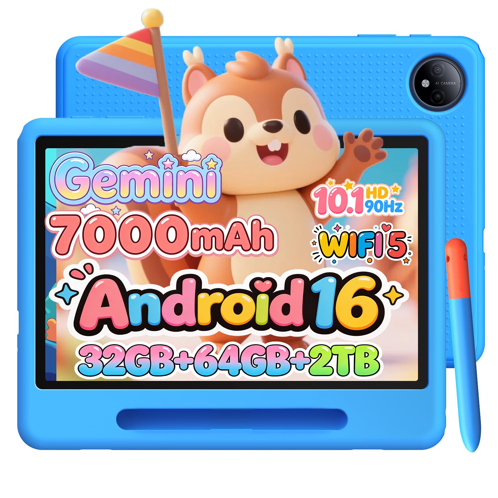 Tablette pour Enfants P10 Android 16, 10 Pouces, Gemini AI, 90 Hz, 32Go RAM + 64Go ROM, 7000 mAh/Wi-FI 5/OTG/Face ID, livrée avec étui de Protection et Stylet