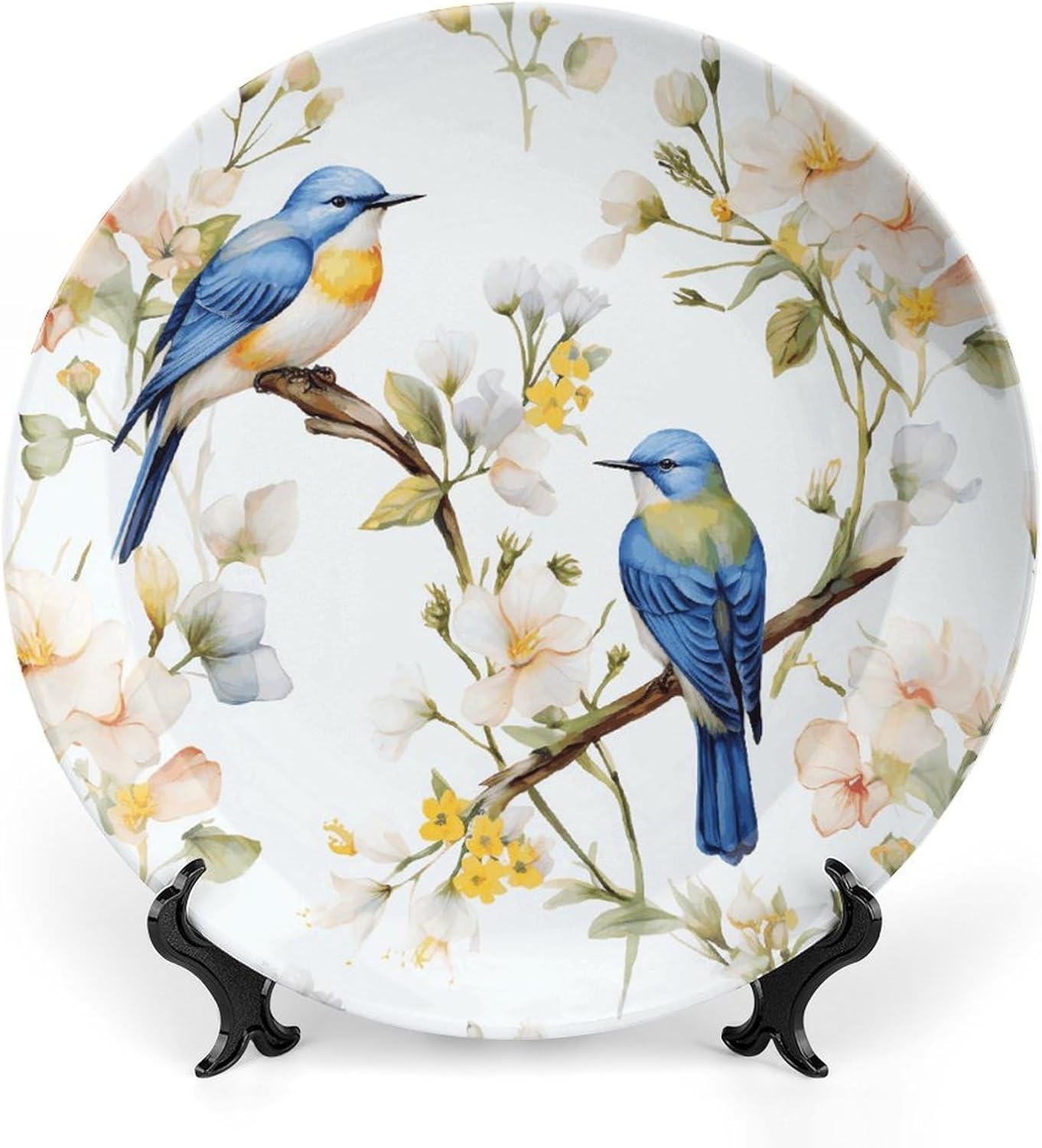 Watercolor Flowers And Birds Bone China Decorative Plate with Display Stand, Ceramic Ornaments Plate for Wall Hanging, Personalized Porcelain Plates for Office, Living Room 8inch