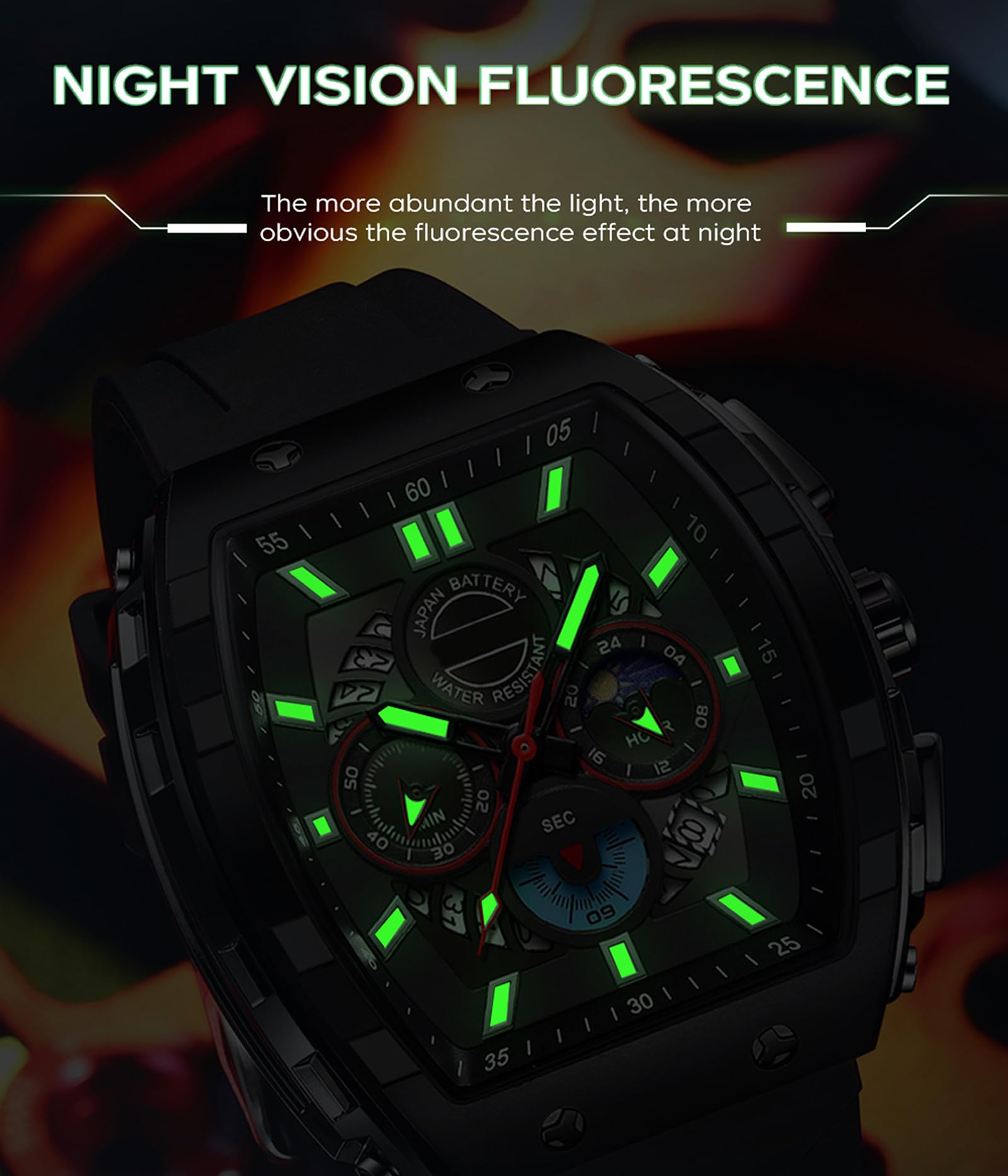 findtime Orologio da polso da uomo, cronografo, grande, sportivo, quadrato, da uomo, militare, analogico, al quarzo, data, orologio sportivo di lusso, per uomini, quadrante luminoso, design
