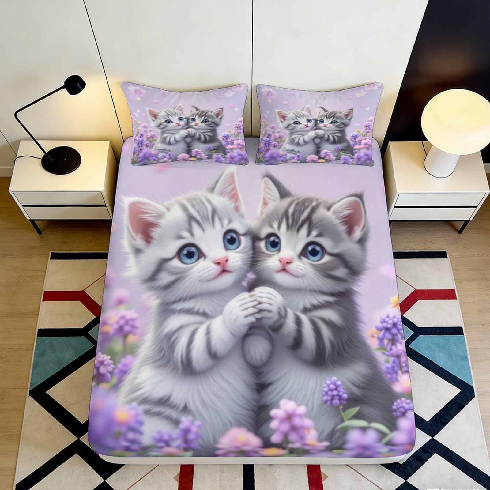 3D Printed Cute Kitten Fitted Sheet Microfiber Purple Floral Bed Cover Anti-Slip Easy Care for Bedroom Guest Room Decor 90x200x25cm