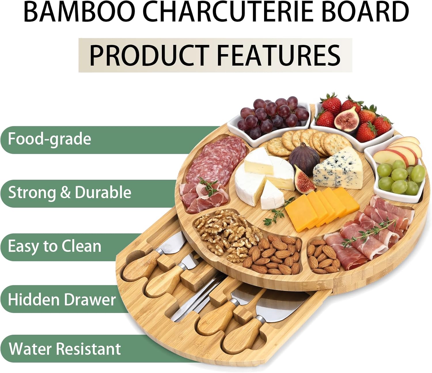 ZENFUN 13 Inch Bamboo Cheese Board and Knife Set, Round Charcuterie Boards with Bowls, Cheese Cutting Platter Serving Tray for Housewarming, Party, Picnic, 13” x 1.5” - Image 4