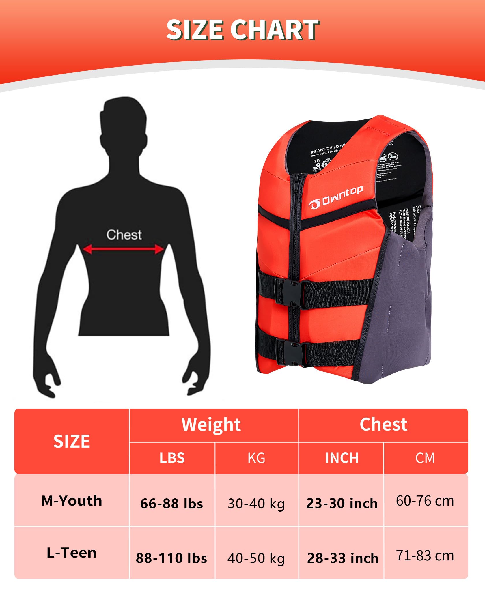 Owntop Gilet da Nuoto Junior | Aiuto al Galleggiamento per Ragazzi e Bambini | Giubbotto Galleggiante in Neoprene Leggero con Doppie Cinghie di Sicurezza Regolabili per Nuoto, Kayak, Pesca