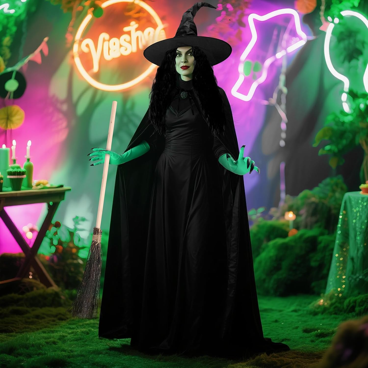 Berlune 7 Pcs Halloween Witch Costume Set for Women Black Witch Hat Cape Black Long Hair Green Gloves Velvet Stockings Rings Movie Halloween Outfit Party Cosplay