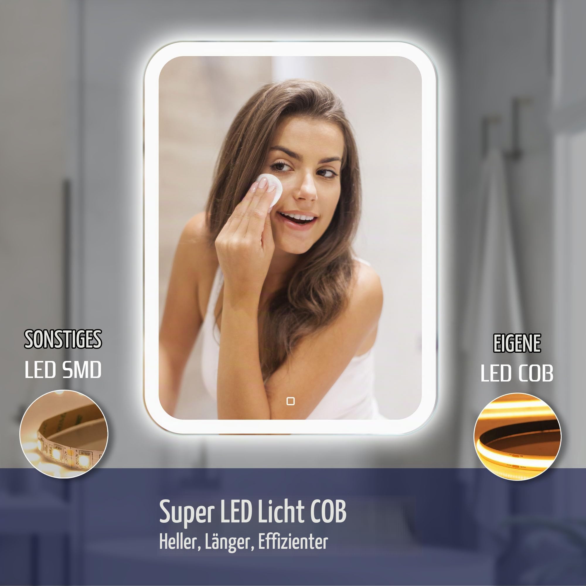 Rechteckiger LED Badspiegel 60 × 80 cm, Frontbeleuchtung | Badezimmerspiegel mit Beleuchtung, LED Wandspiegel, Touchschalter, Dimmbar, Neutralweißes Licht, Abgerundete Ecken