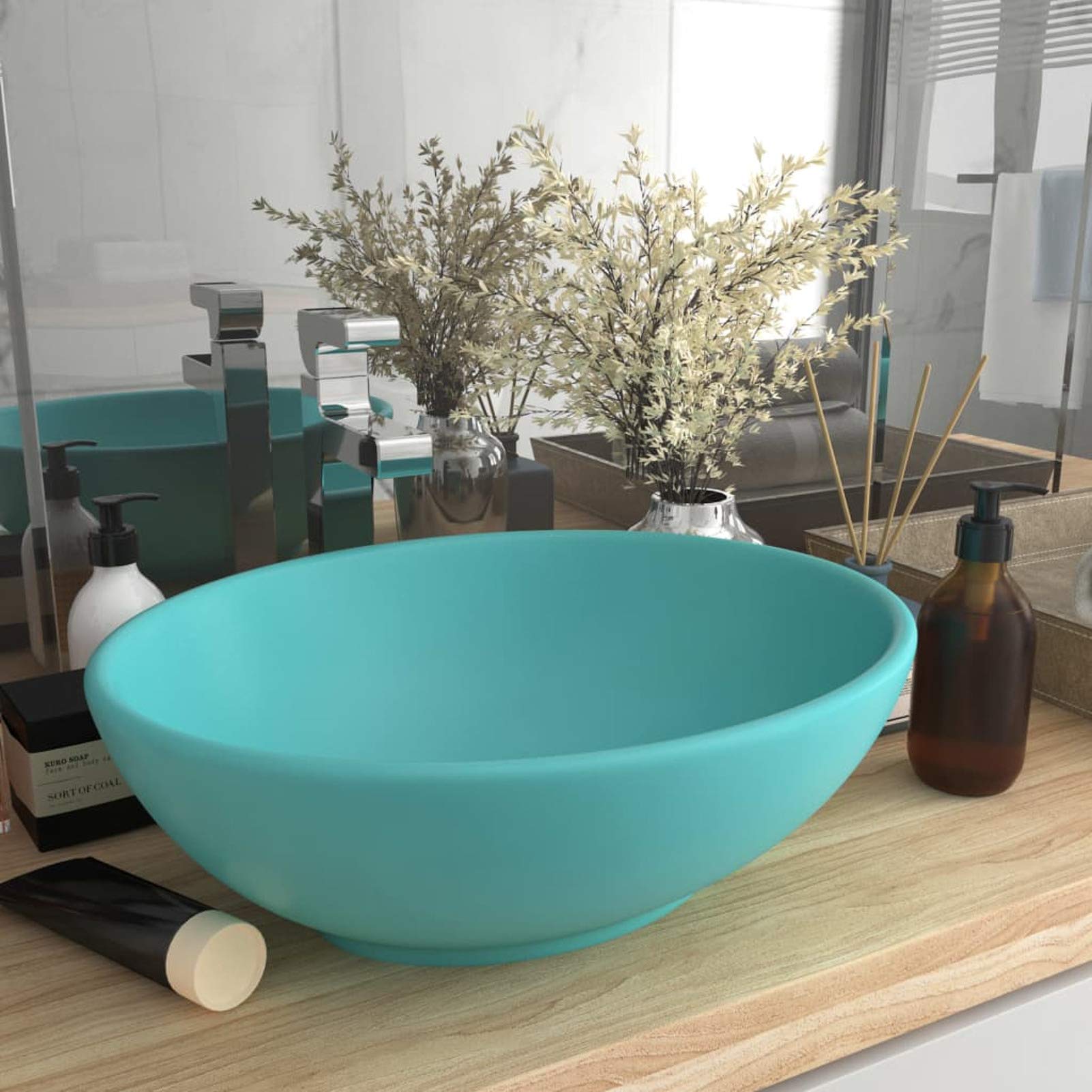 Lavabo de Lujo Ovalado cerámica Verde Claro Mate 40x33 cm Lavabo Suspendido