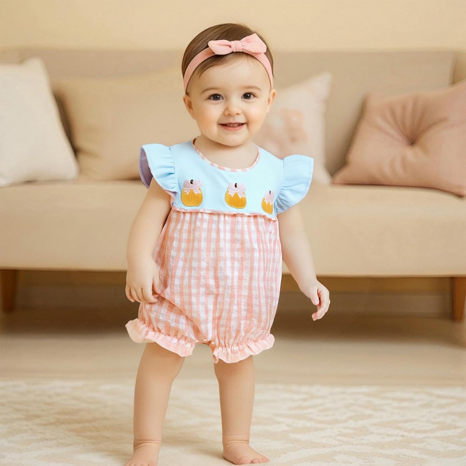 Baby Girl Halloween Outfit Newborn Pumpkin Smocked Romper Ruffle Bubble Plaid Bodysuit Infant Halloween Clothes - Image 2