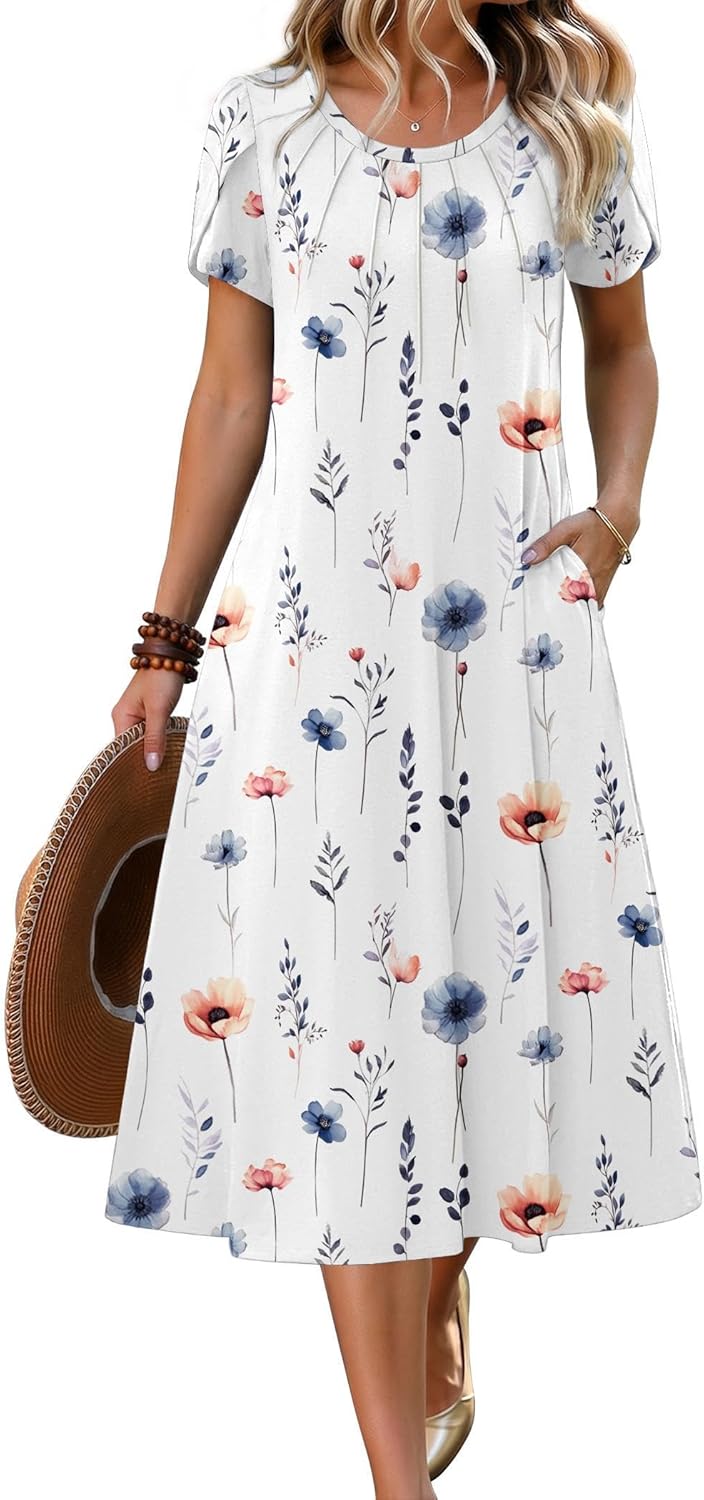 Zeagoo Womens Casual Summer Dress 2026 Petal Short Sleeve Dresses with Pleats Midi A Line Flowy Dress Boho Sundress