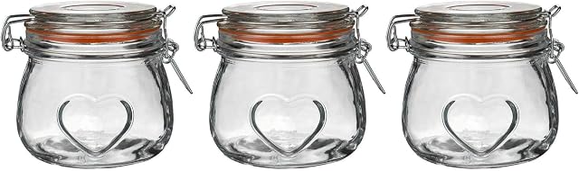 Nicola Spring Heart Glass Storage Jars with Airtight Clip Lid - 500ml Set - Orange Seal - Pack of 3