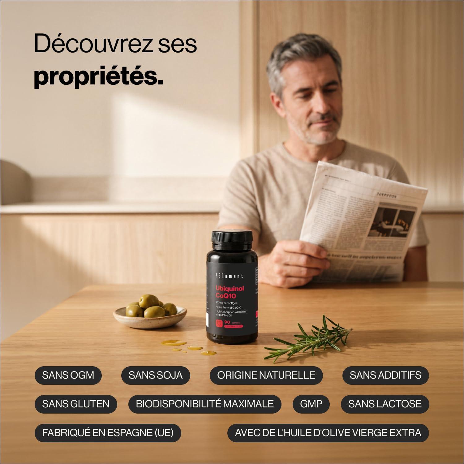 Ubiquinol 100mg – Forme Active et Réduite de la CoQ10 – Haute Absorption avec Huile d'Olive Extra Vierge – 90 Capsules, 3 Mois de Cure – Zenement