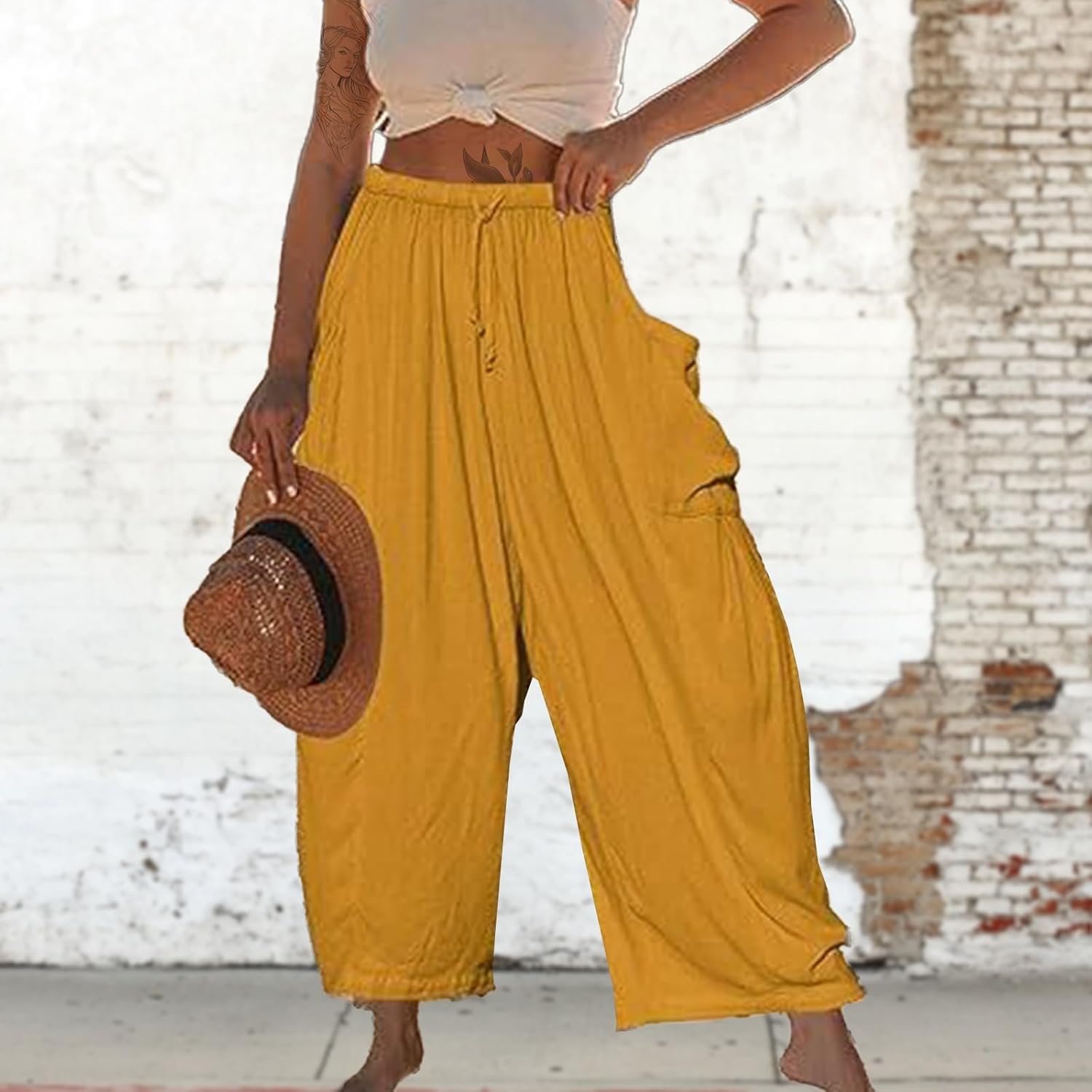 Linen Pants Women Petite Plain Plus Size Summer Beach Spring Fitted Cargo Pocket Ankle Length Lounge Pant - Image 3
