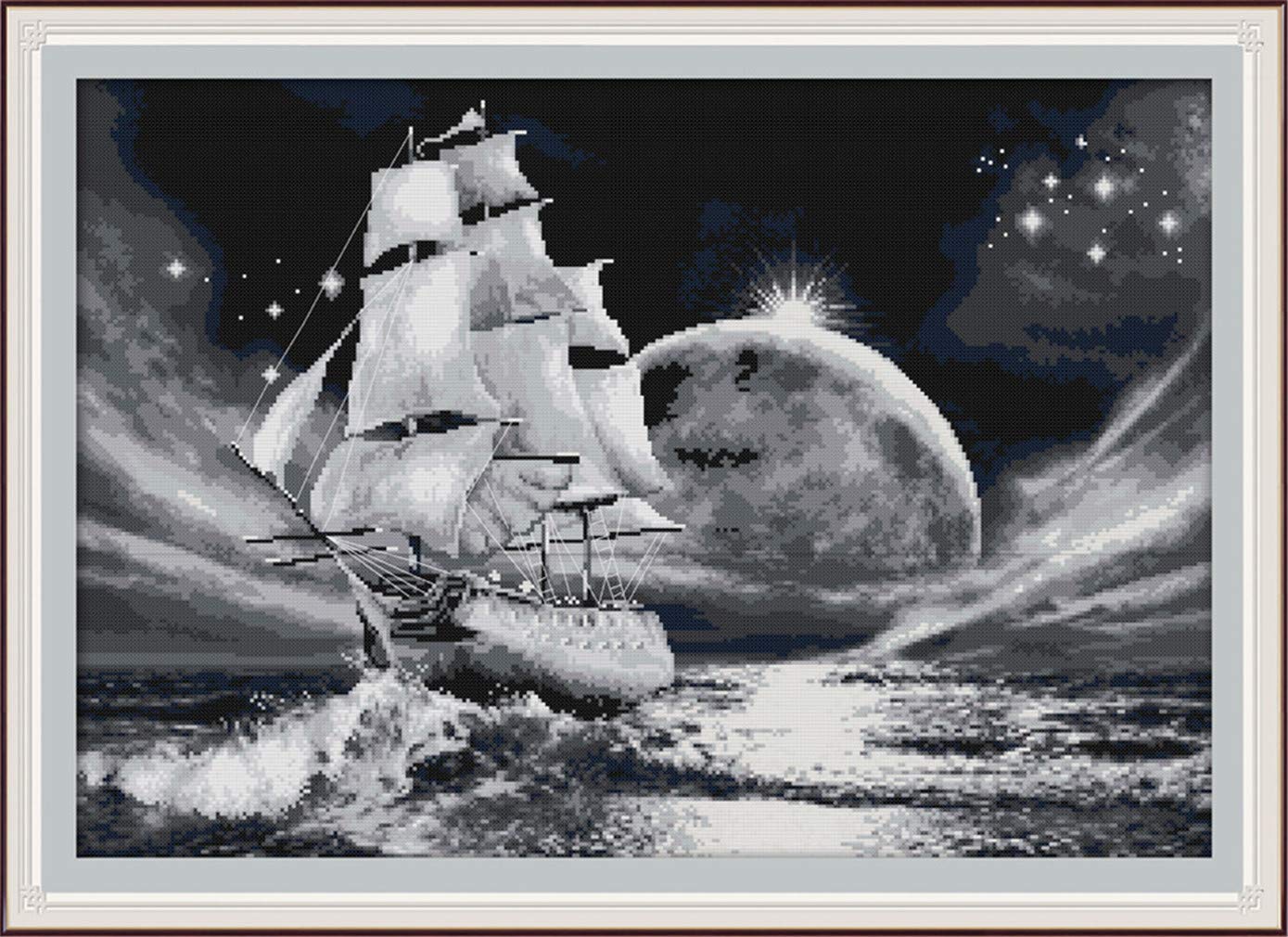 YEESAM ART New Counted Cross Stitch Kits Advanced - Voyage Sailing - Embroidery Set Needlework DIY Handmade Christmas Gifts (Voyage, White)