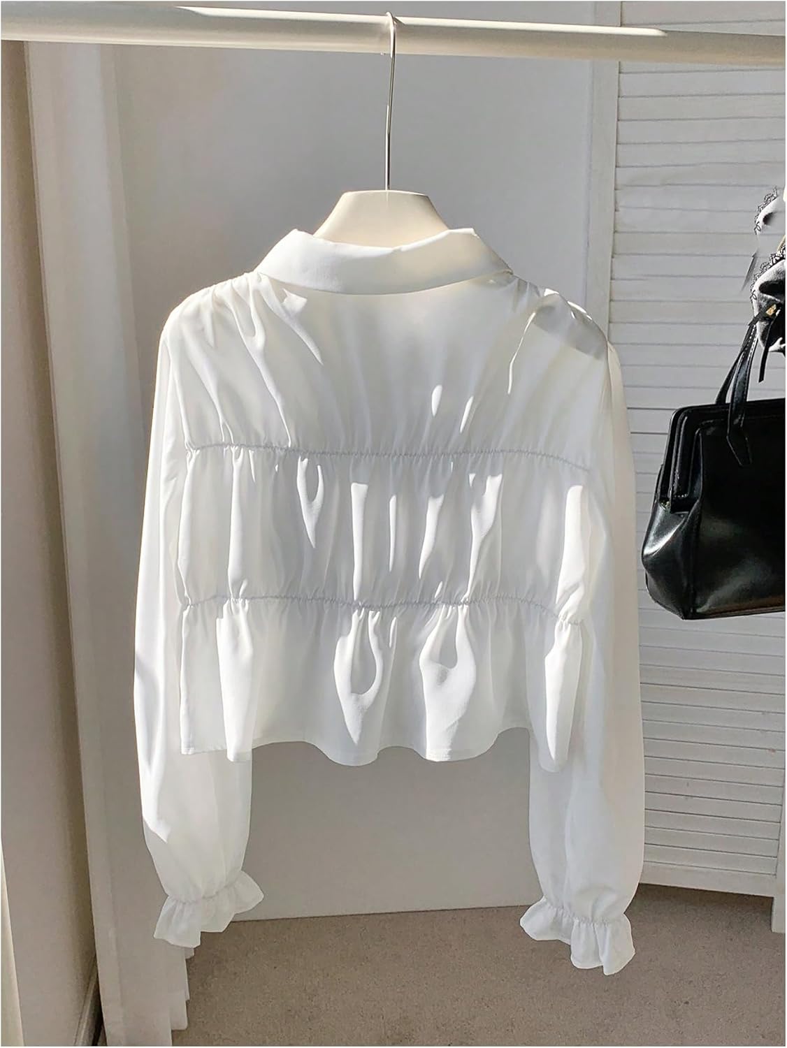 SweatyRocks Women's Bow Button Down Blouse Ruffle Long Sleeve Ruched Dressy Shirt Top - Image 2