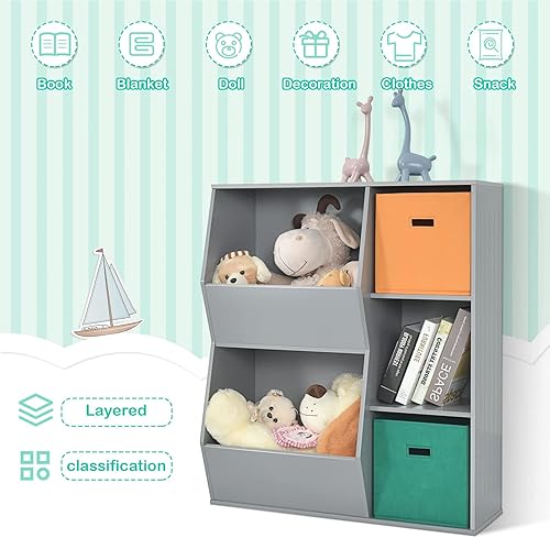 Miniatura 5 de HONEY JOY Organizador de almacenamiento de juguetes para niños estantería y estantería para niños con 2 cajas de almacenamiento gabinete de