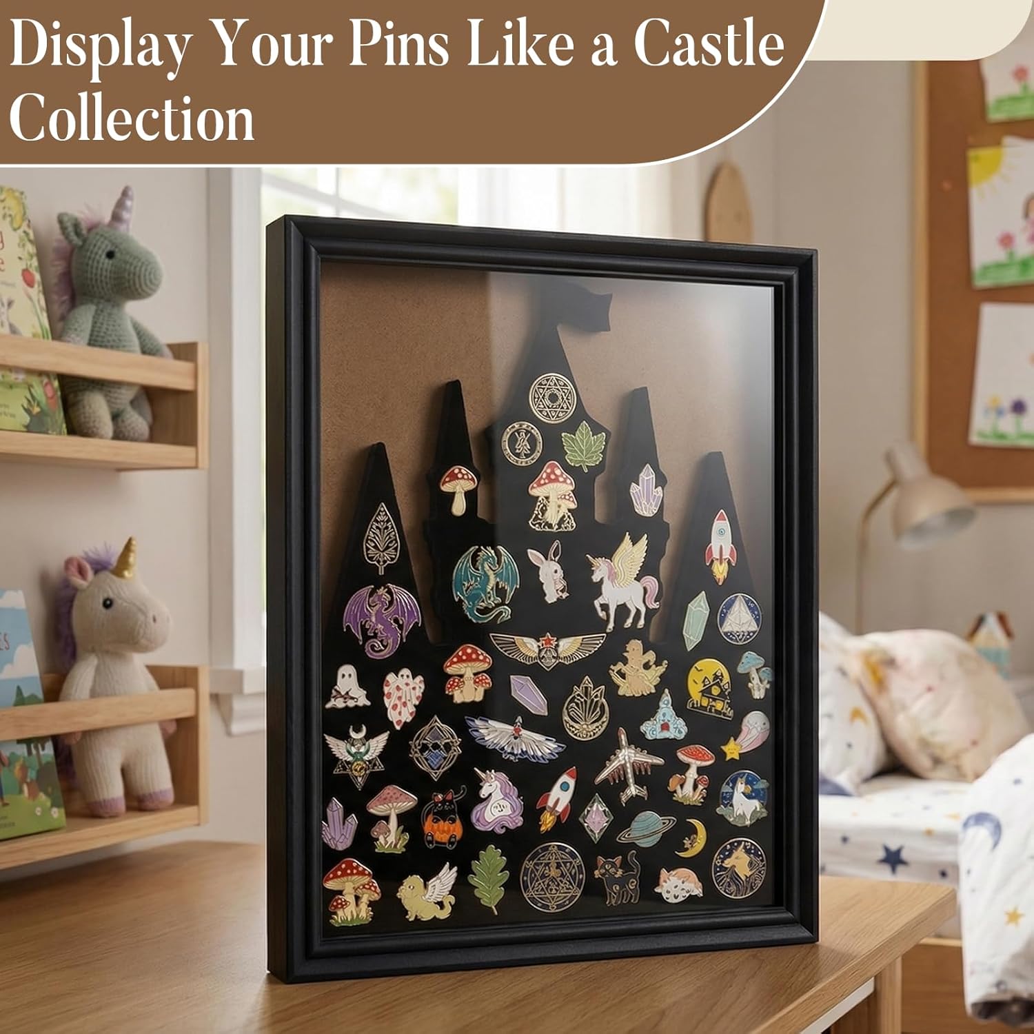 Castle Pin Display Frame,Wooden Pin Board,Wall Mount or Tabletop Display Case for Pins,Pin Collection Display, Pin Holder,14.3 x 12 in,Black