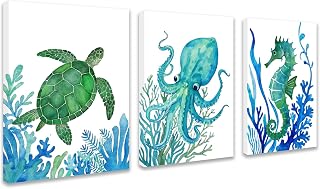 3 Pcs Sea Turtle Octopus Seahorse Wall Art Decor Ocean Animal Sea Marine Life Canvas Pictures Posters Prints Paintings Artwork Beach Coastal Bathroom Living Room Bedroom Decorations 12x16 Inch Framed