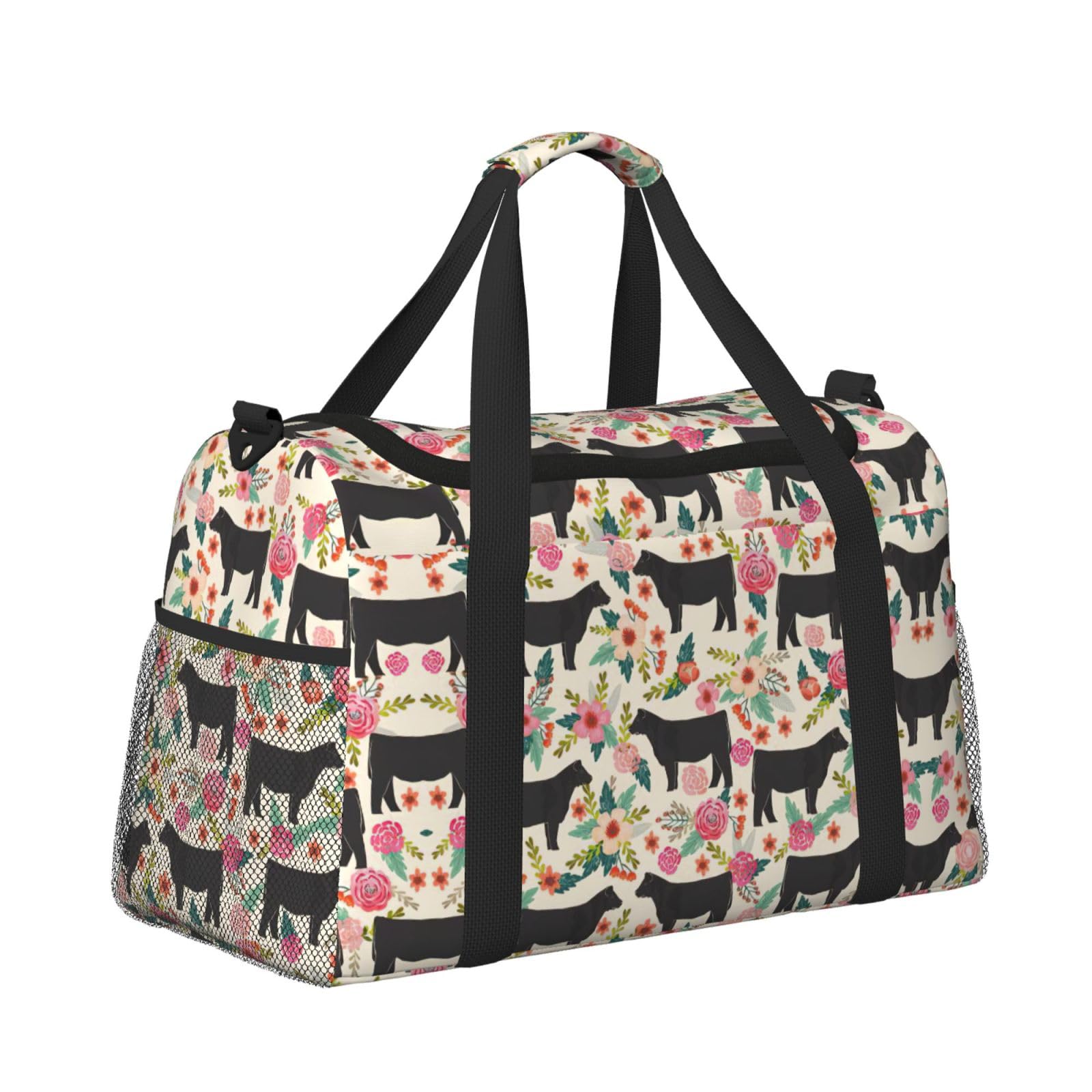 Pink Flower Show Steer Cows Bydło Podróżna torba sportowa Torba weekendowa Weekender Overnight Carry On Hand Bag Trening Sport Szpital