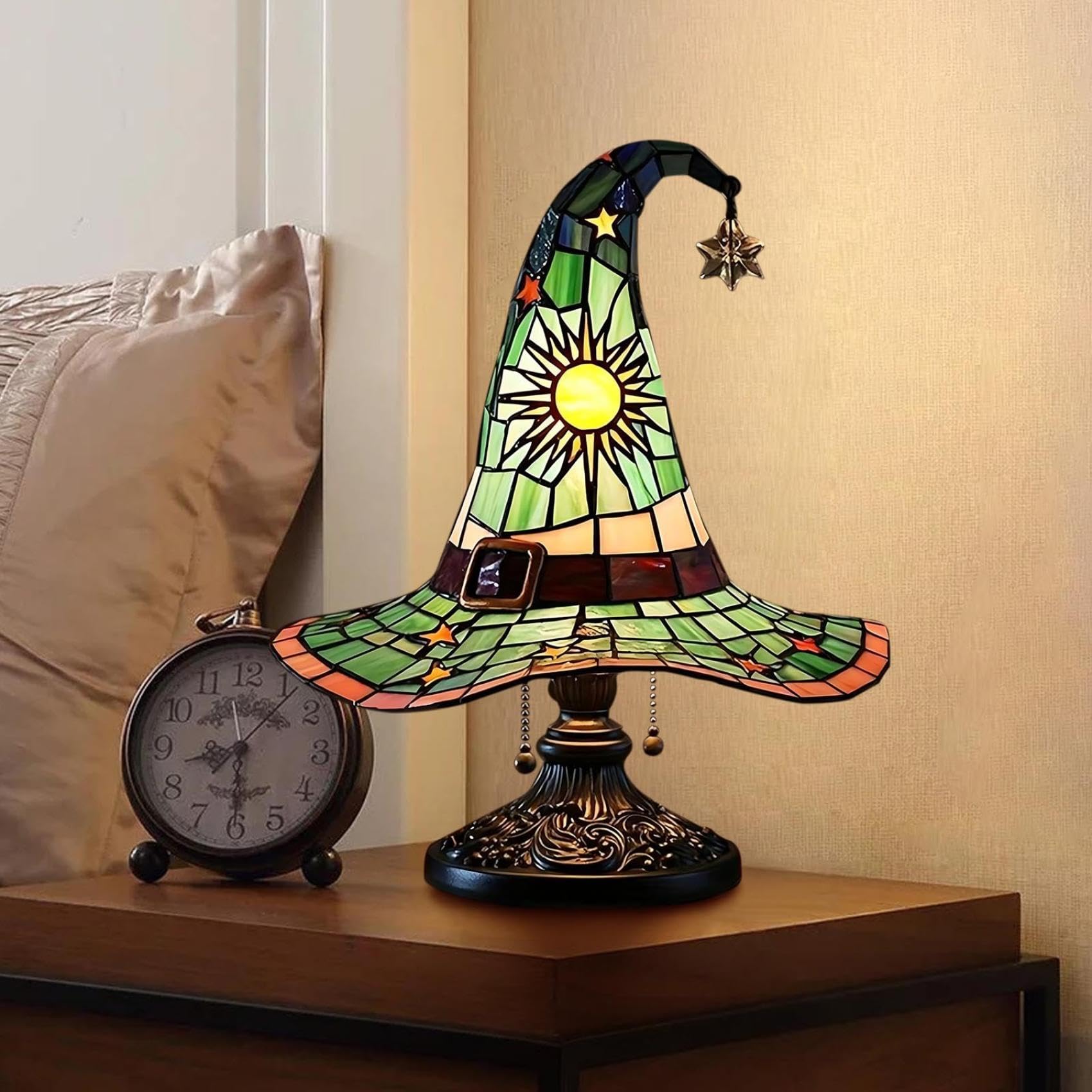 2026 Stained Glass Witch Hat Lamp, Witch Hat & Stained Glass – USB Powered Gothic Wizard Nightstand Light, Bookshelf Lamp for Bedroom, Party & Home Decor (Green)