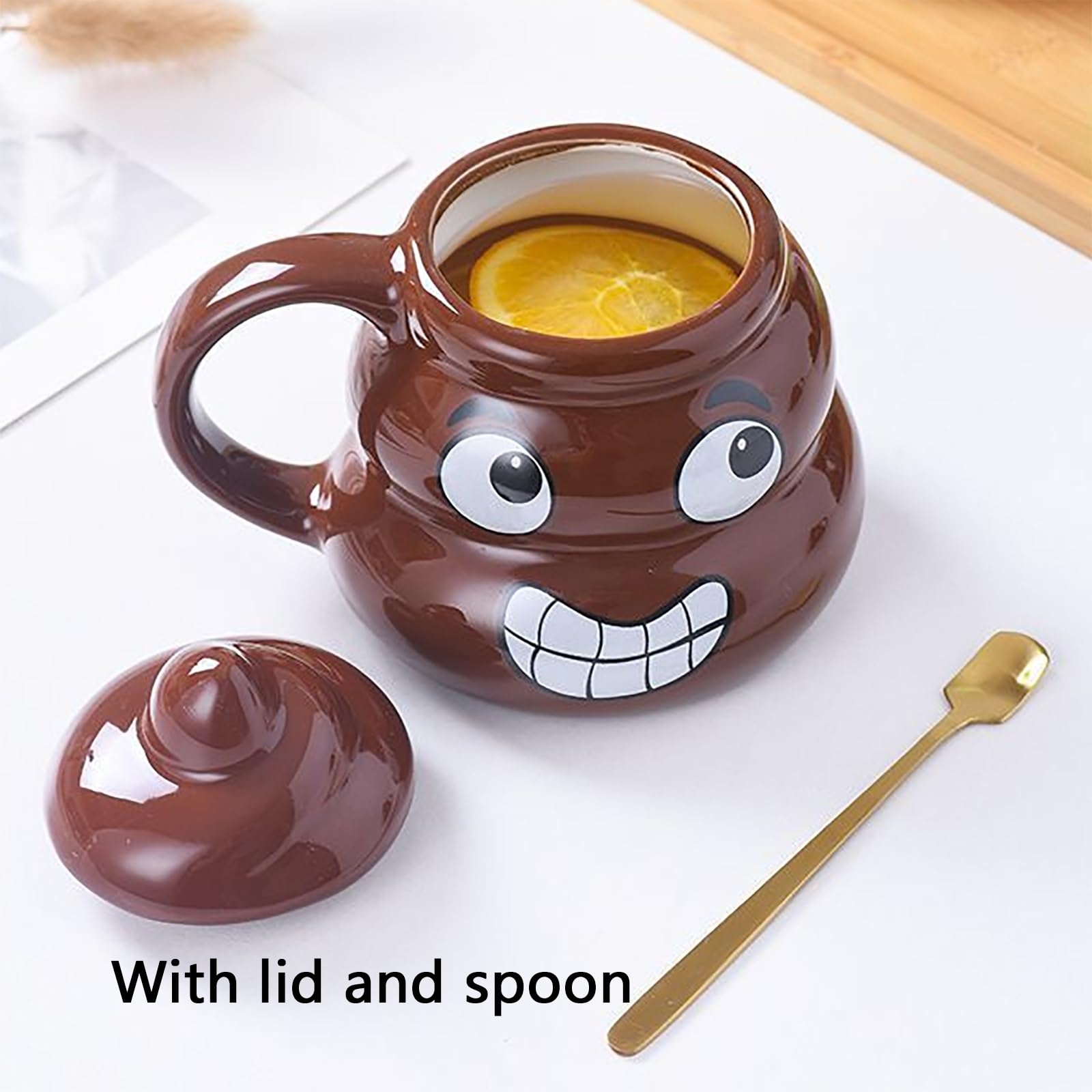 480ml / 16oz, Taza de Café Divertida con Forma de Caca, Taza Ceramica con Tapa y Cuchara, Creativa y Extravagante, Regalo de Broma Divertido para Hombres y Mujeres(Natural3)