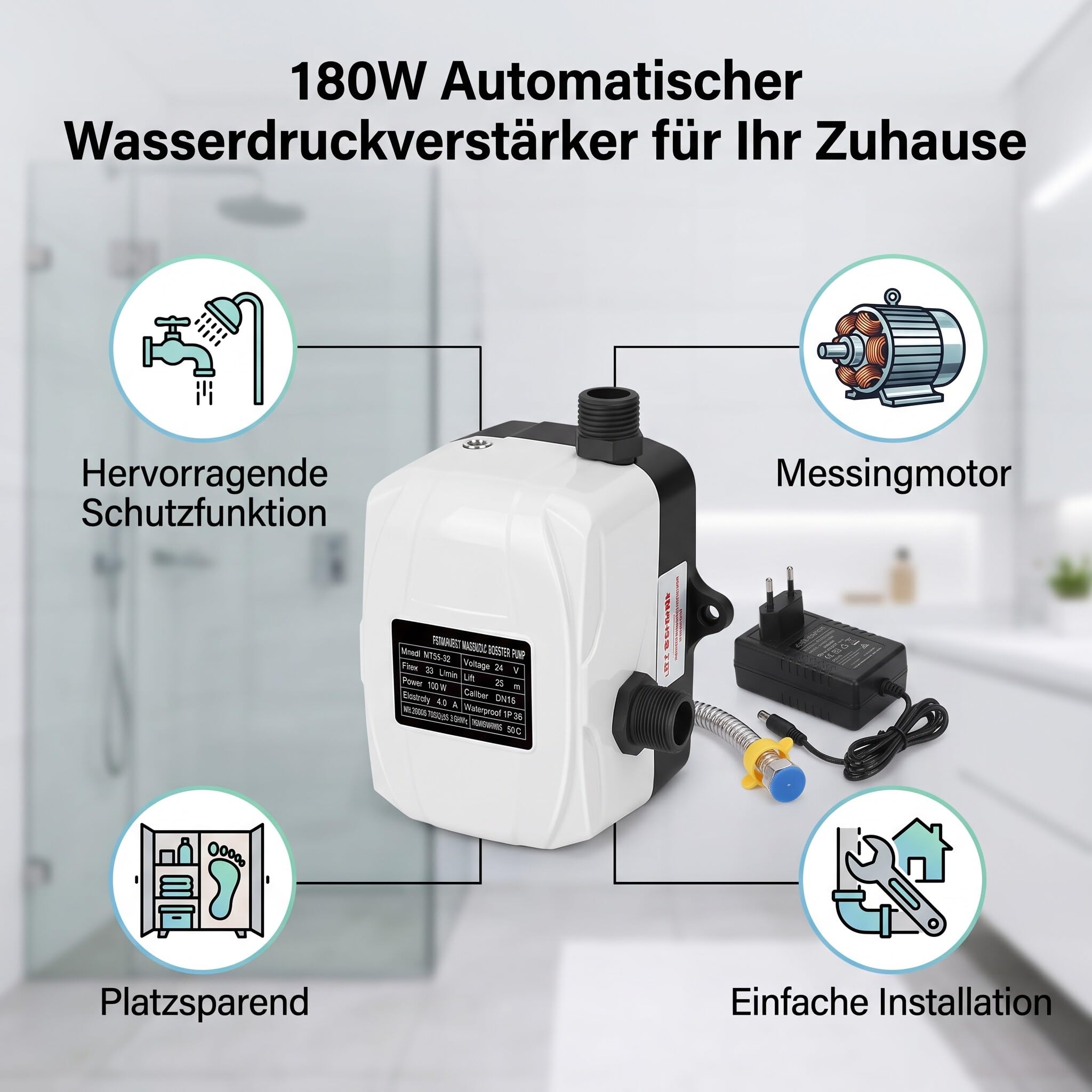 NALOOKAMIC Pompe de surpression d'eau 100W 24V 25L IP56 Pompe de surpression de douche automatique à détection intelligente 100-240V EU Plug
