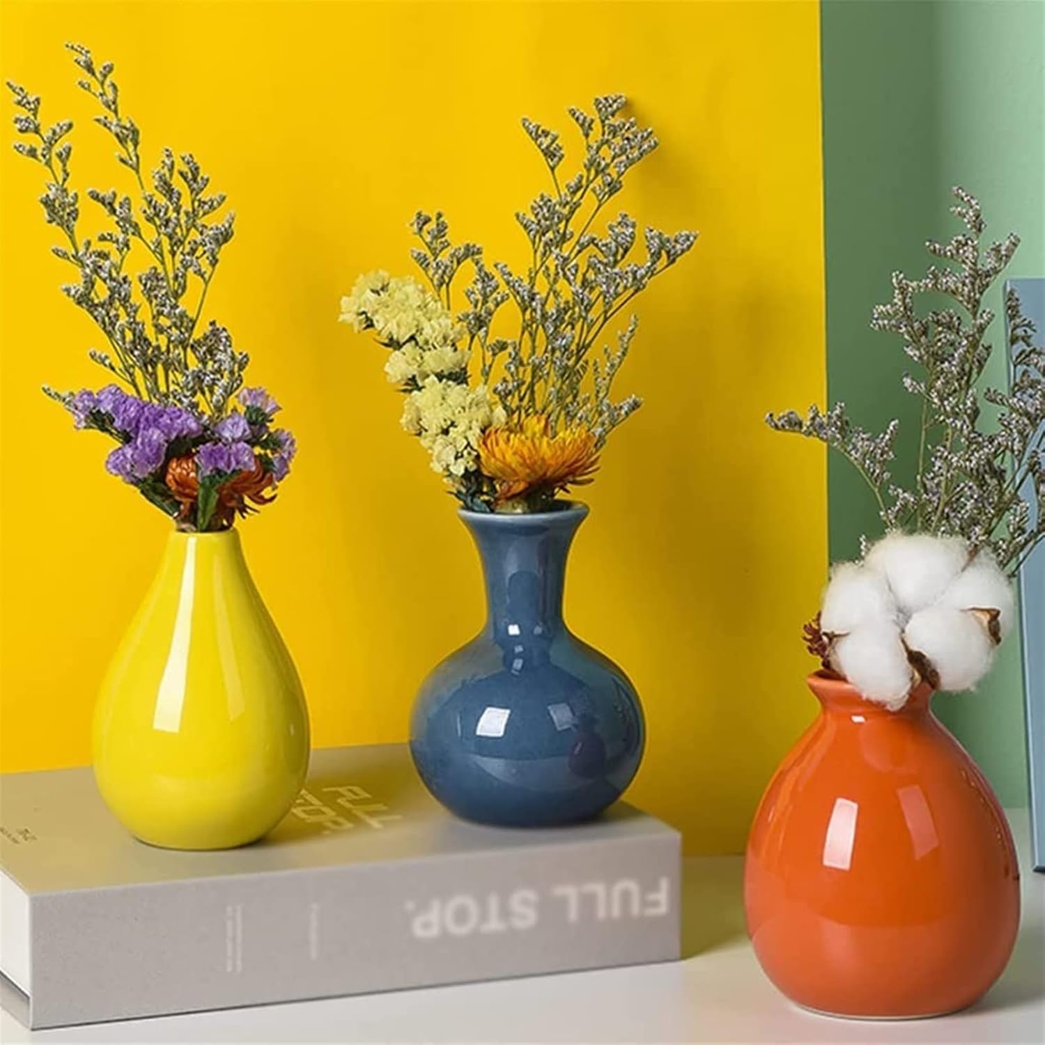 Ceramic Colorful Vases Set Of 3, Rustic Farmhouse Decorative Vases