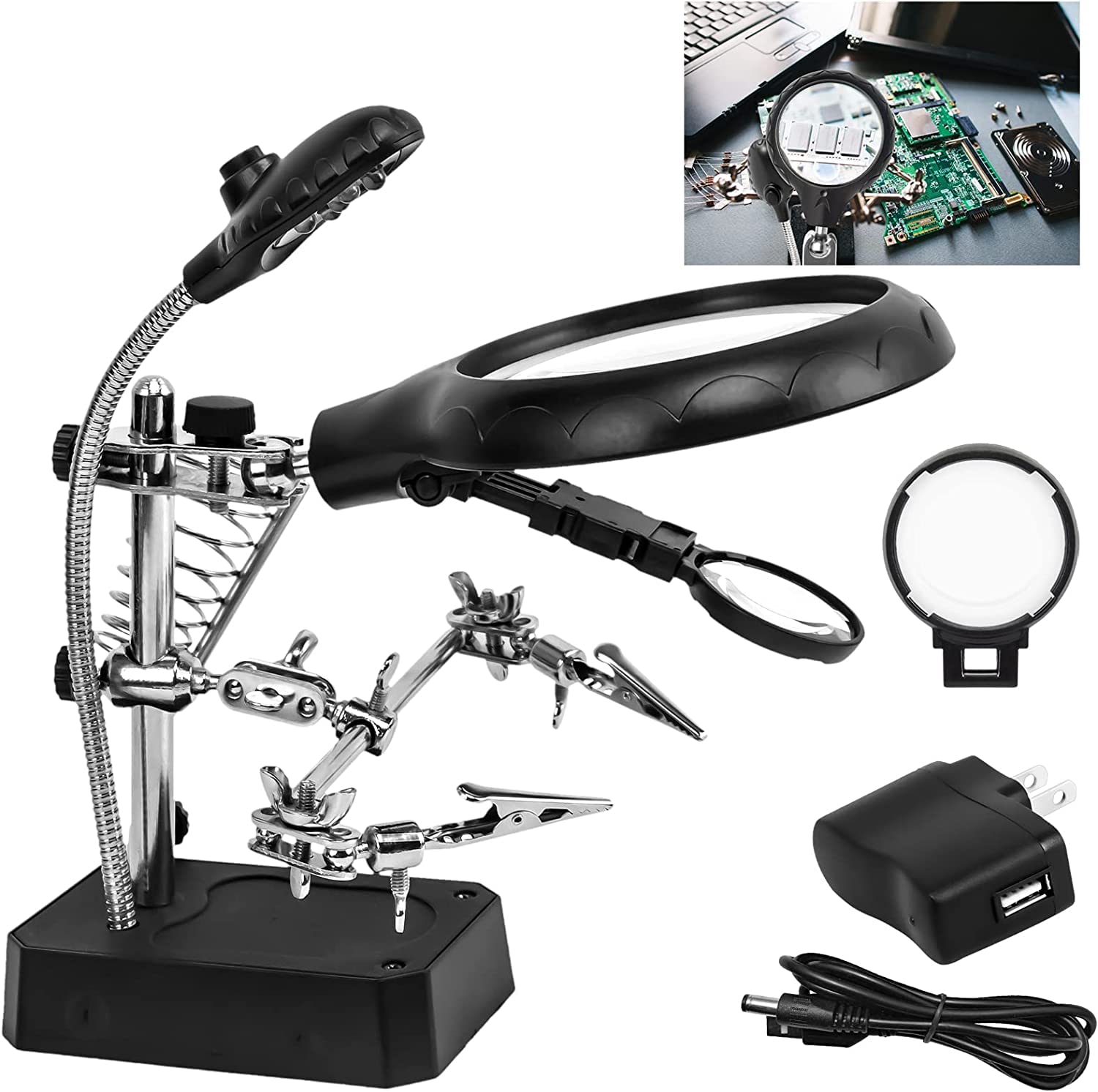PACZO LED Light Helping Hands Magnifier Soldering Station 2.5X/7.5X/10X Desktop Magnifying Glass Helping Hands Auxiliary Clamp Alligator Clips Stand Repair Tool Kits for Soldering Jewelry Craft