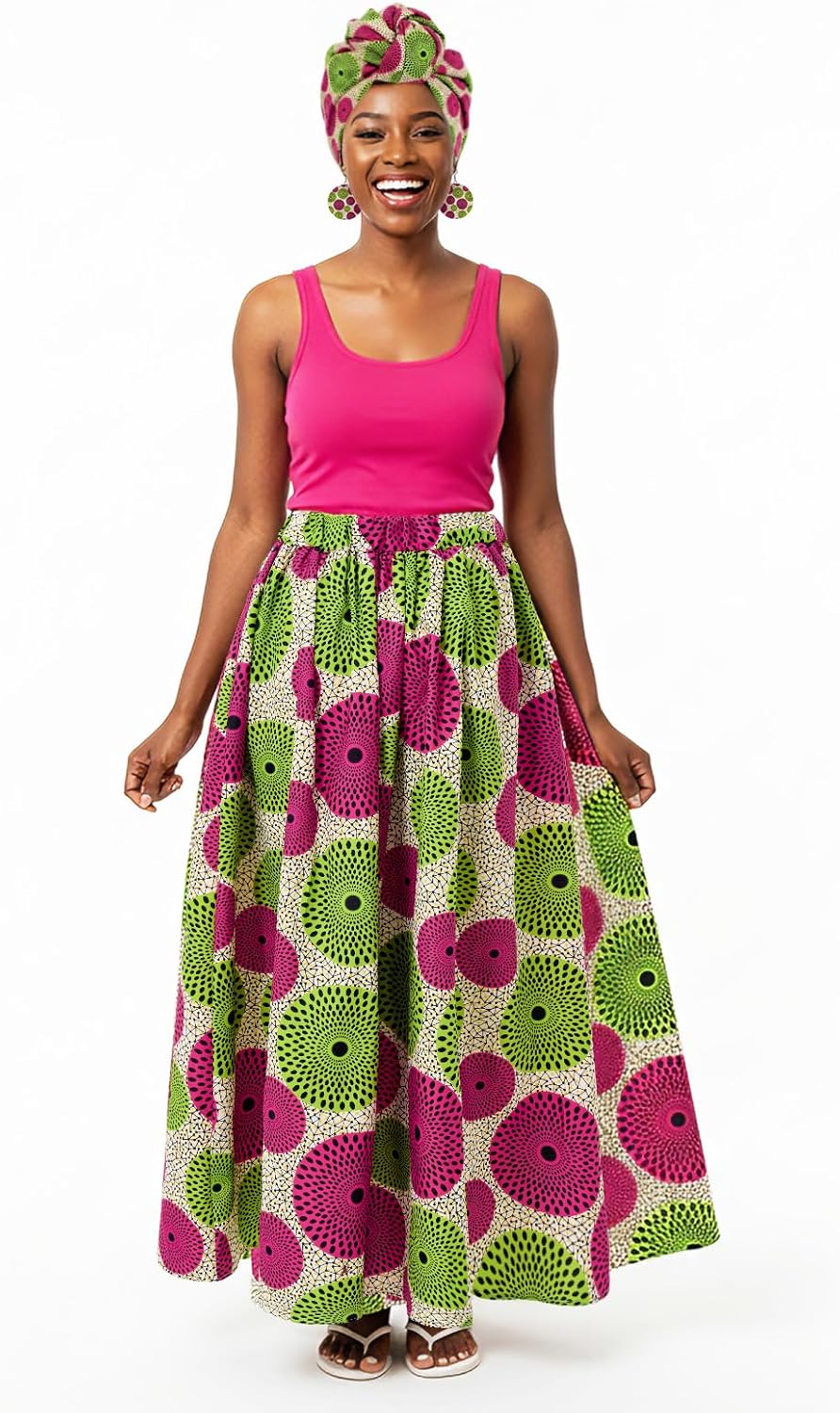 Haysandy 3 Pcs Women African Printed Maxi Skirt with Pockets Set Casual Stretch Head Wrap Scarf Drop Dangle Earrings
