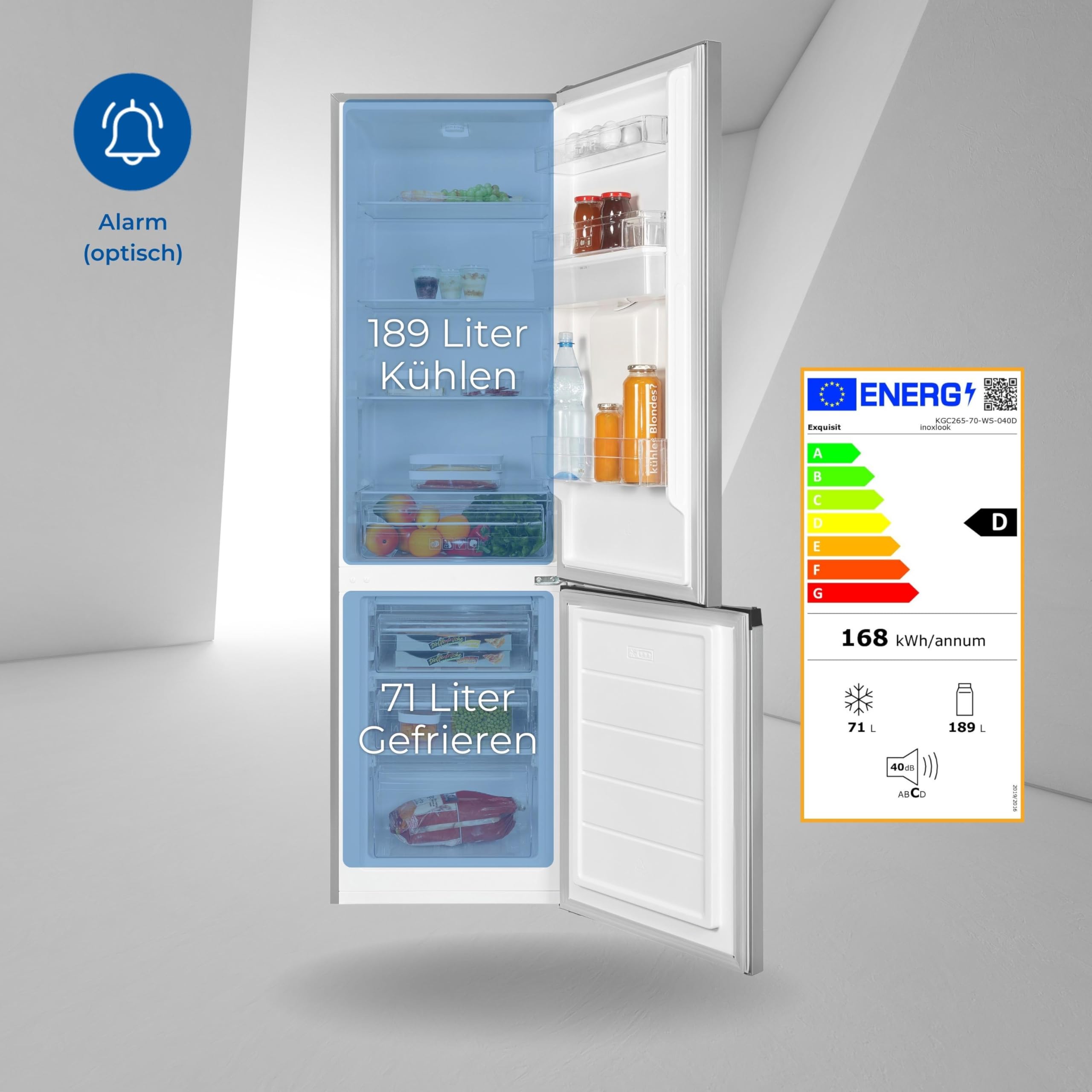 Exquisit® Frigorífico Combi, 260L, Clase D, Material Acero Inox, Dispensador de Agua, Cajón Verdulero, 4 Estantes de Cristal, Altura Regulable, Luz LED, Consumo 168 kWh/año, Medidas 179,5x55x56 Cm.