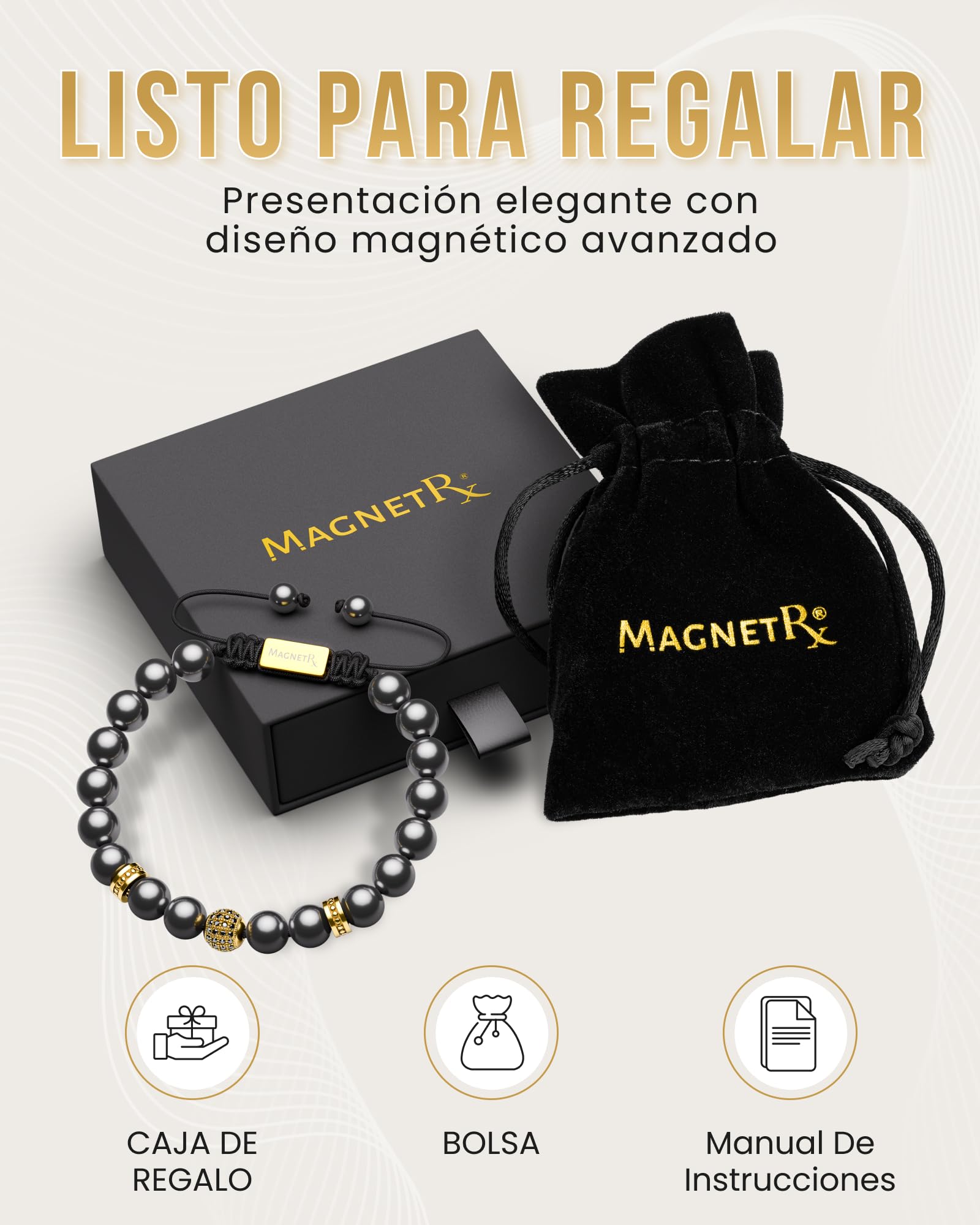 MagnetRX® Pulsera Magnética Terapéutica de Hematite - Brazalete con Piedras Potentes Curativas para un Alivio Natural del Dolor - Pulsera con Hematitas Magnetoterapia (Dorado Zeus Cuentas 8mm)