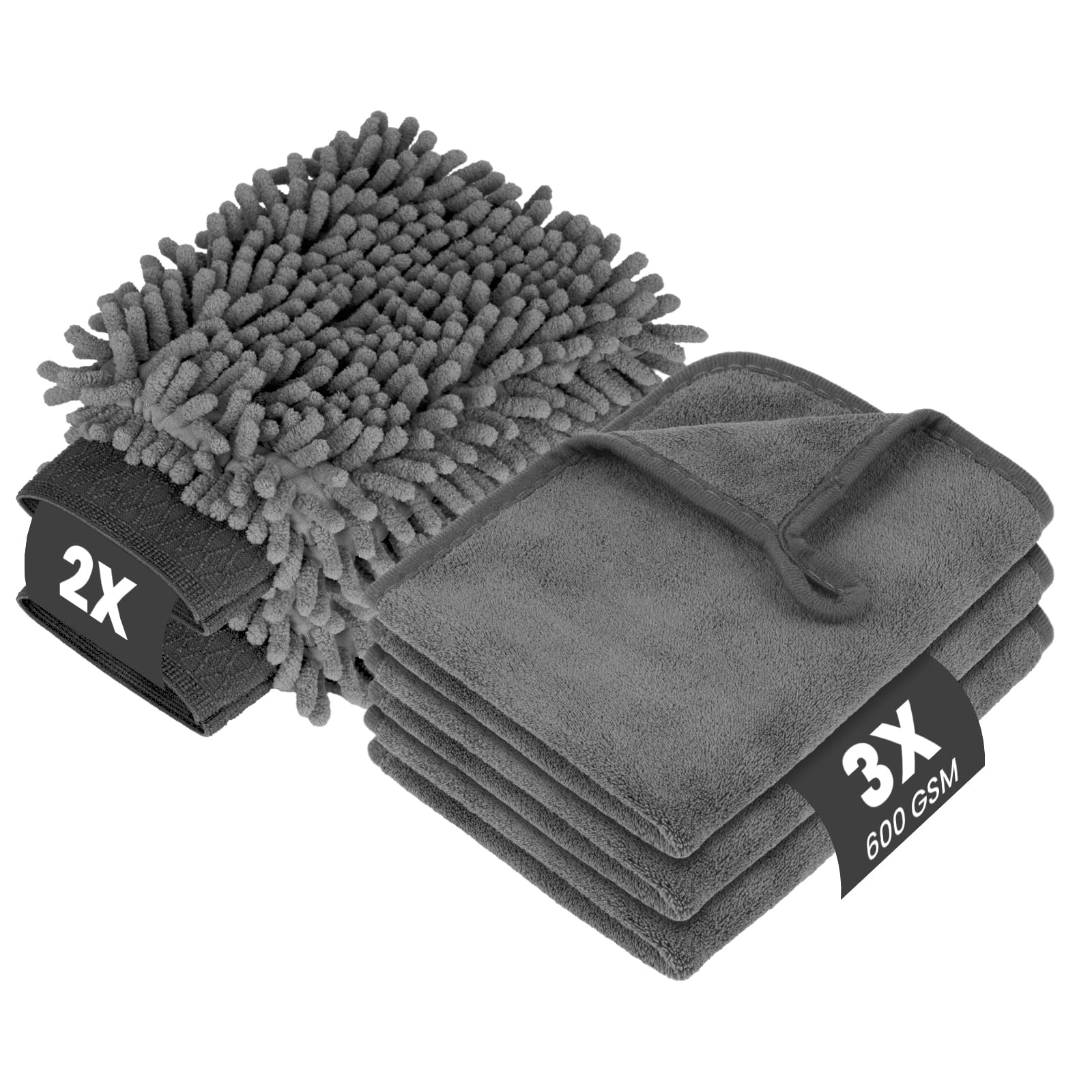 vsshe 5 Stück Autopflege Set mit 3er 600GSM Mikrofasertücher Auto (Korallenfleece) & 2er Mikrofaser Waschhandschuh, Reinigungsset für Auto & Haushalt | 100% Kratzfrei Super saugfähig (40x30cm)