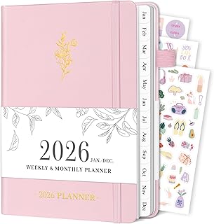 Planner 2026, Weekly and Monthly Planner with Tabs from Jan 2026 - Dec 2026, A5 Hardcover Academic Calendar with Date for School & Office Schedule, 5.8" x 8.3", Pink