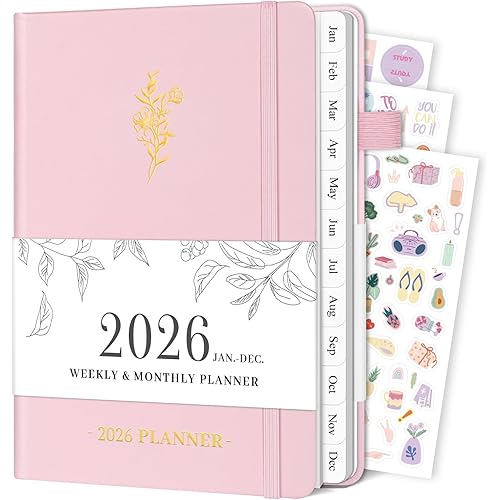Planner 2026, Weekly and Monthly Planner with Tabs from Jan 2026 - Dec 2026, A5 Hardcover Academic Calendar with Date for School & Office Schedule, 5.8" x 8.3", Pink