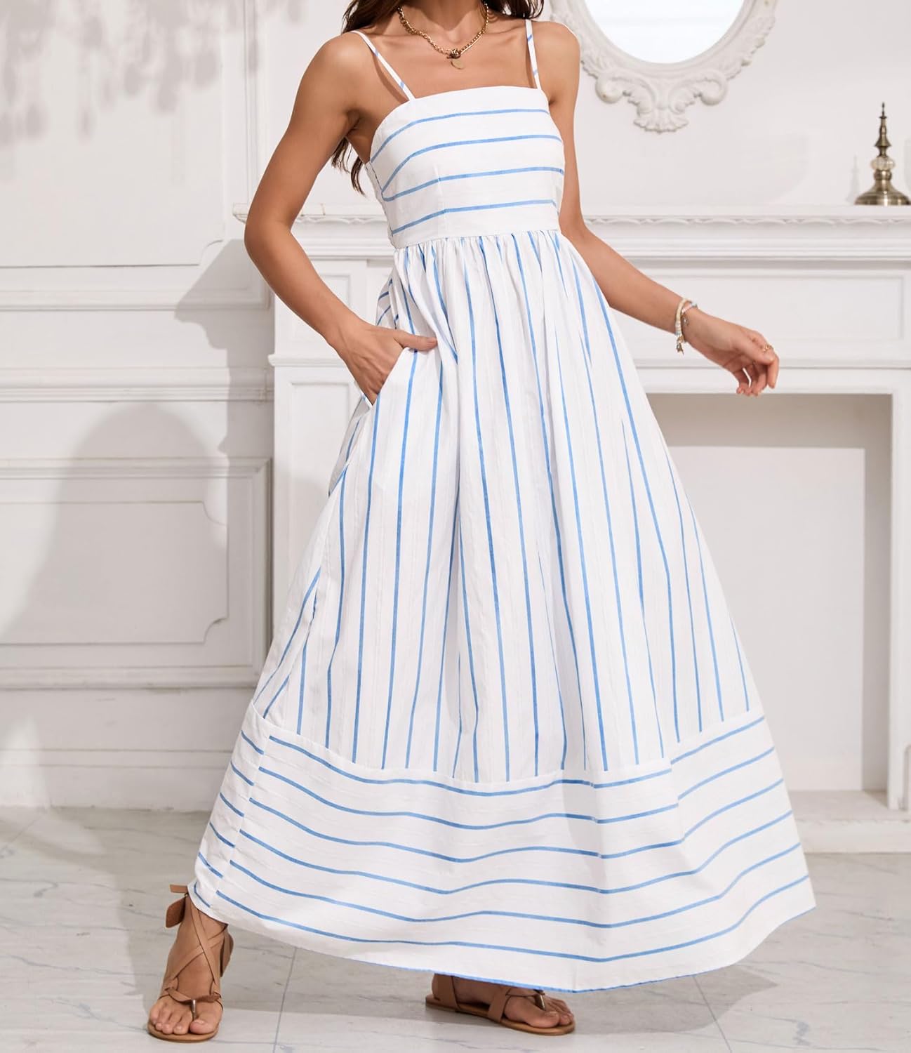 utcoco Womens Summer Striped Back Smocked Maxi Sundresses Spaghetti Strap Cut Out Flowy Swing A Line Long Dress - Image 4