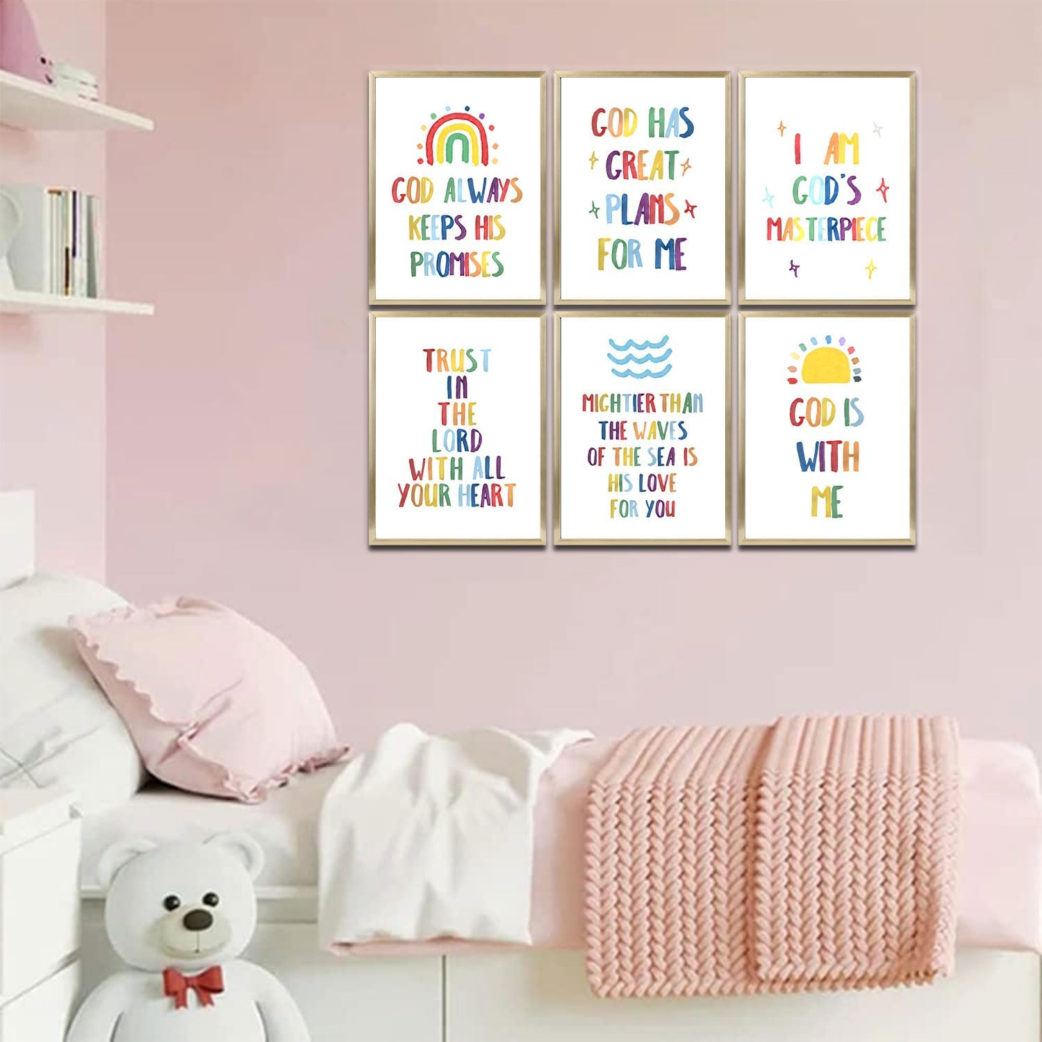 6Pcs Colorfully Bible Verses Children Wall Art Christianity is Inspiring Canvas Wall Decor Pictures Religion Painting Poster Printings for Children's Room Nursery Artwork Home Decoration Unframed