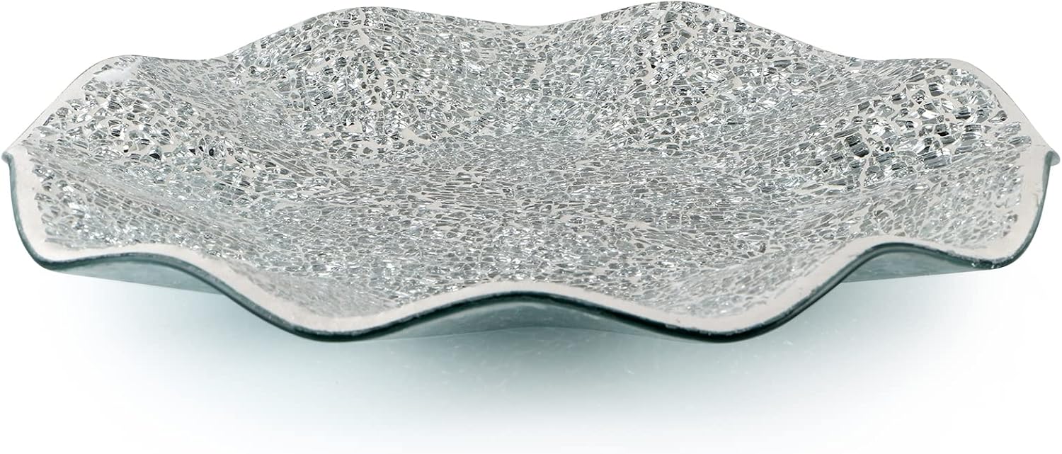 MDLUU Silver Mosaic Glass Centerpiece Tray 11.6" - Stunning Decorative Bowl for Coffee Table, Dining Room, Gifts
