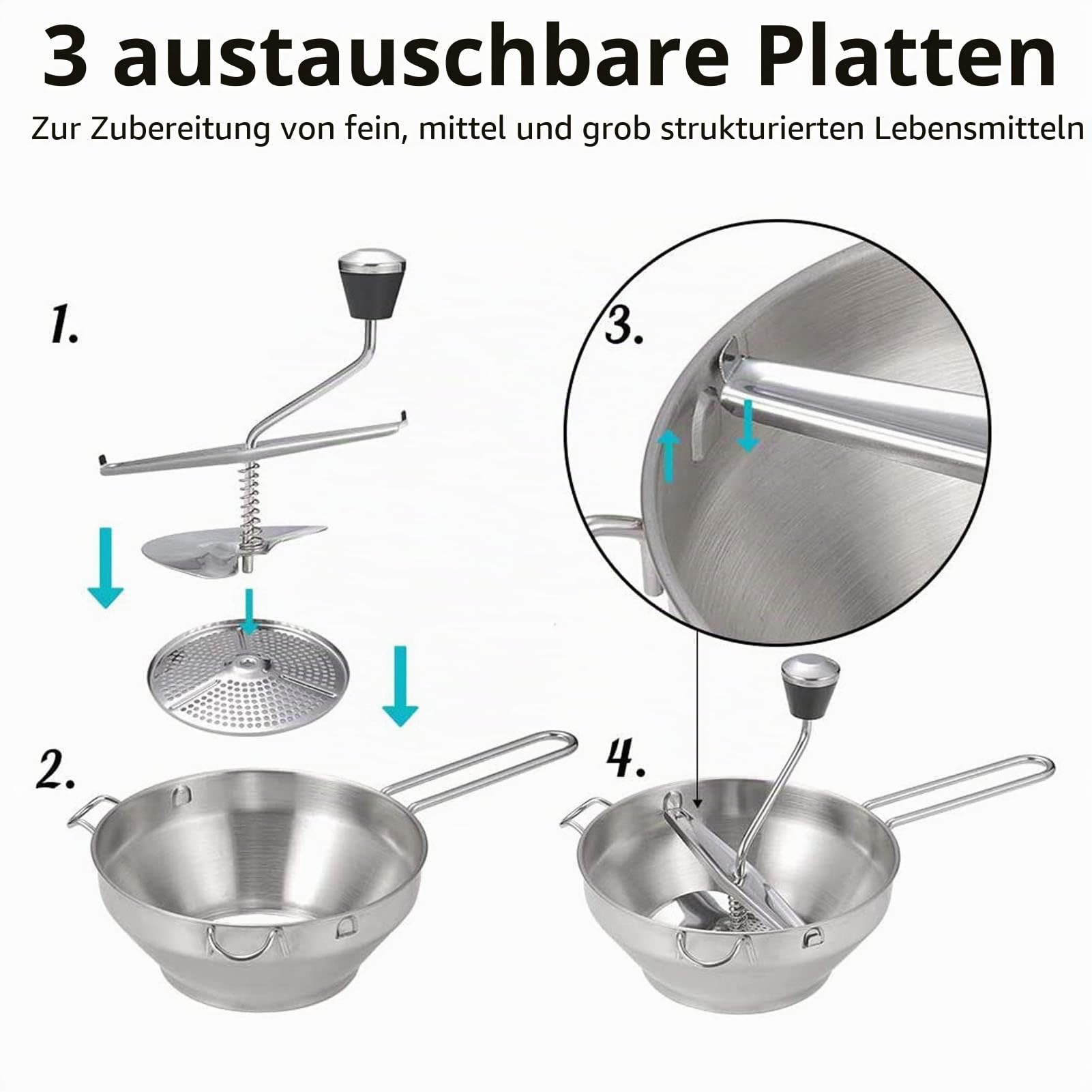 Edelstahl-Lebensmittelmühle, Kartoffeln mit 3 austauschbaren Sieben, Effizientes Pürieren und Passieren von Obst und Gemüse, Entfernt Kerne und Schalen, für Soße, Püree, Marmelade