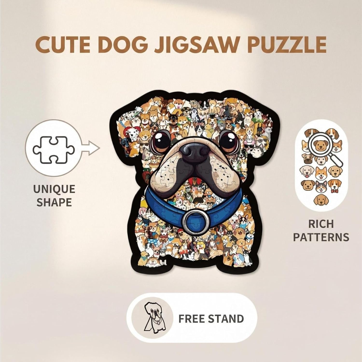 Wooden Puzzles for Adults, Unique Cute Dog Jigsaw Puzzle with Frame and Display Stand, Natural Wood, Family Game, Home and Office Decor, Birthday Gift (Shar Pei 136 Pcs)