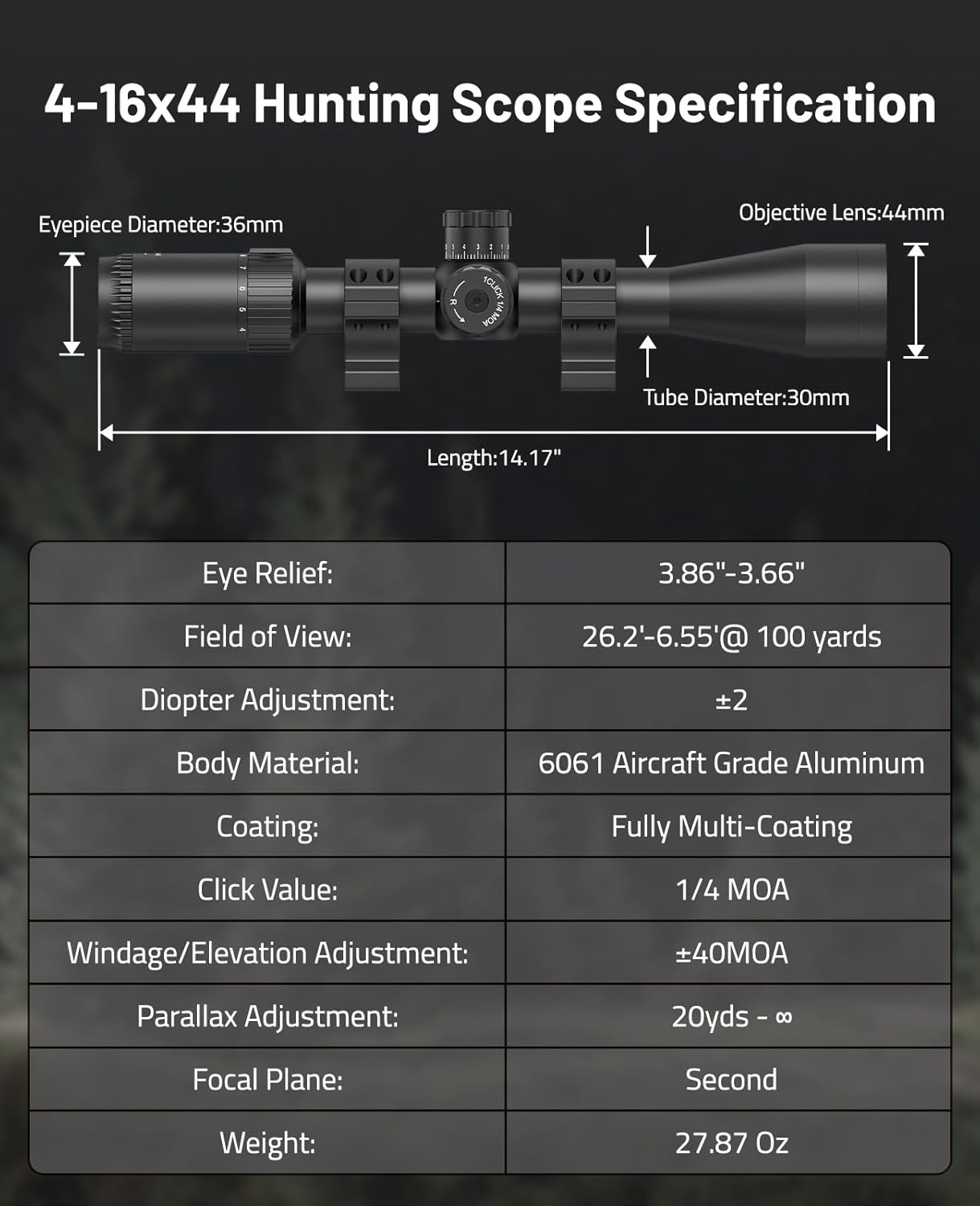 EZshoot 4-16x44 SFP Rifle Scope with Locking Turrets, Side Parallax Adjustment, BDC Reticle and 6 Levels Red Illumination - 30mm Tube Long Range Hunting Scope for 20mm Picatinny Rail