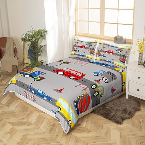 Miniatura 10 de Juego de ropa de cama de coche de dibujos animados para niños, tamaño individual, funda de edredón de vehículos de construcción para niños, color