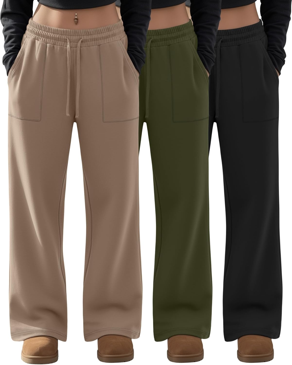 Evervibe 3 Pack Plus Size Pants for Women Wide Leg Casual Pant Drawstring Stretchy Waist Trousers with Pockets