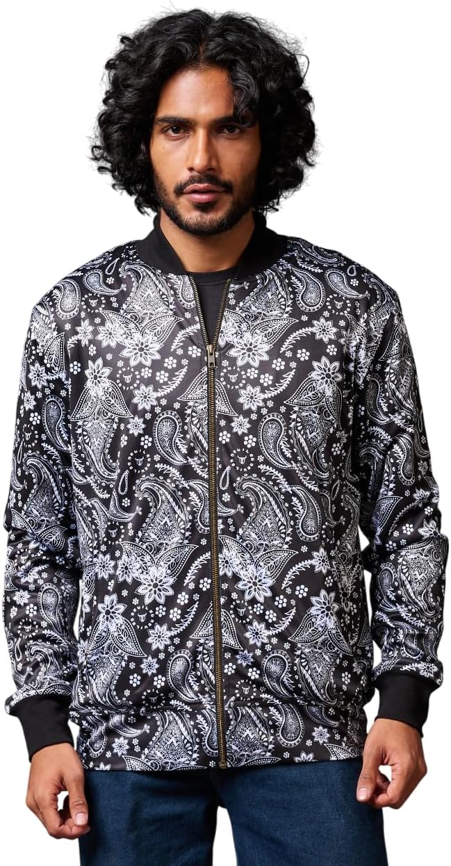 Go Devil Men's Bomber Jacket Paisely Design Floral Printed Stand Collar Long Sleeve Zip Up Unisex Sweatshirt Casual Outfits
