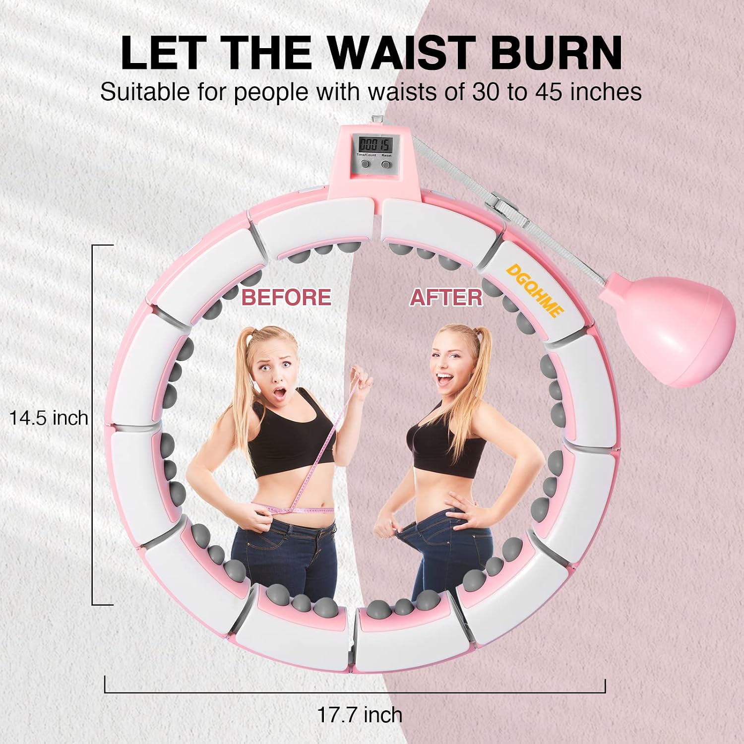 DGQHME Upgraded Smart Weighted Hoola Hoop for Adults Weight Loss, 15 Detachable Knots, Adjustable Size Hoola Hoops with Soft Rubber Magnetic Massage Head Abdomen Fitness Massage Soft Workout