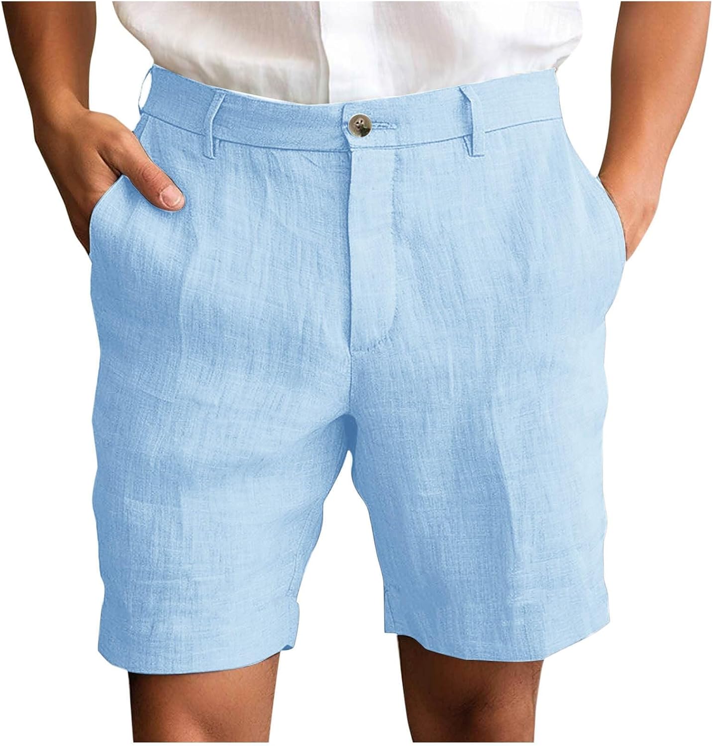 Men's Cotton Linen Shorts Straight Leg Short Pants Casual Button Waist Summer Beach Vacation Shorts with Pockets