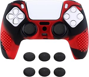 eXtremeRate PlayVital Black 3D Studded Edition Anti-Slip Silicone Cover Skin for ps5 Controller, Soft Rubber Case Protector for ps5 Wireless Controller with Thumb Grip Caps - Red & Black